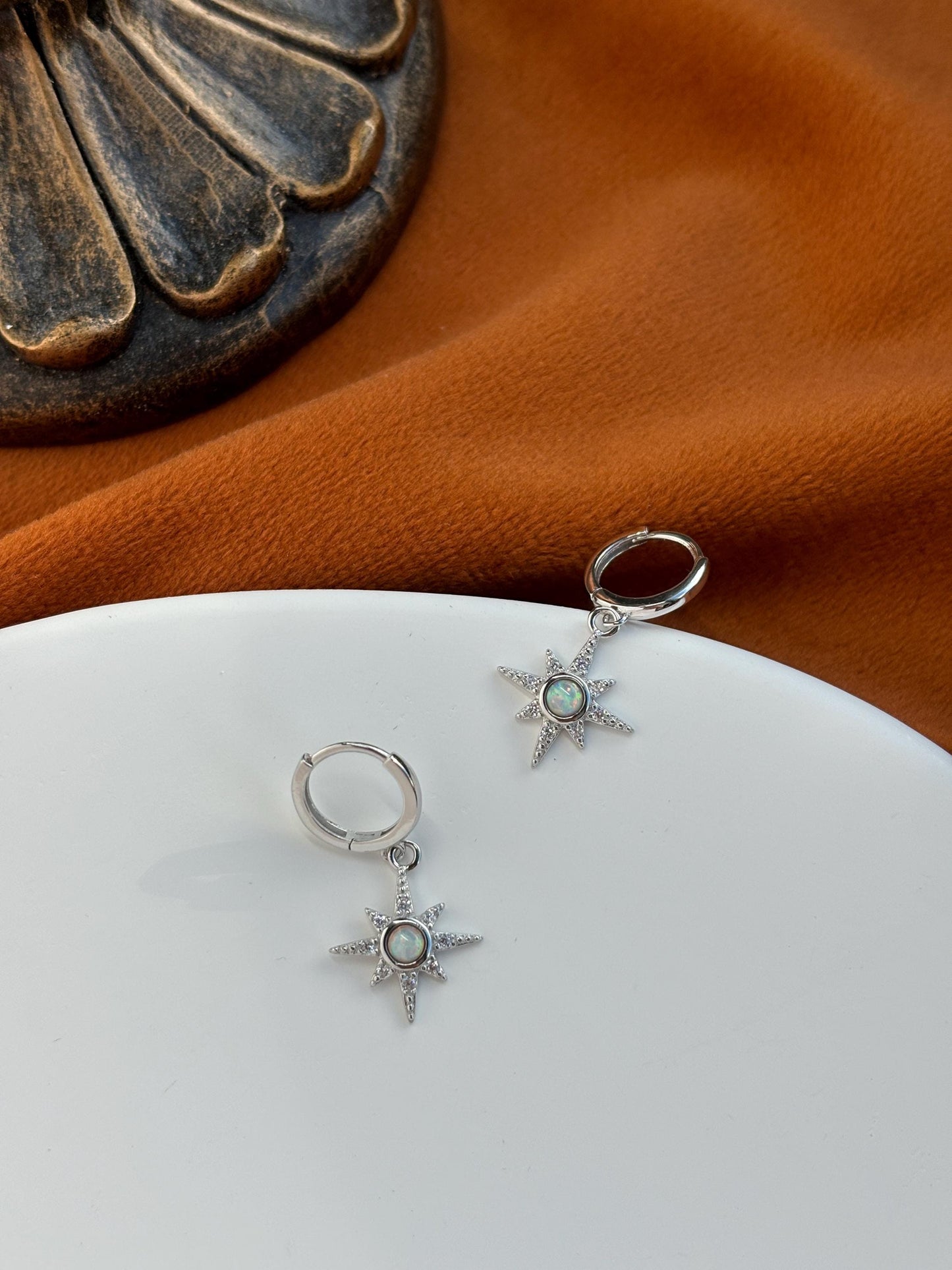 Shiny North Star Opal Hoops, Silver Celestial Drop Dangle Earrings, Vintage Style Star Jewelry, Dainty Gold Plated Sterling Silver Jewellery