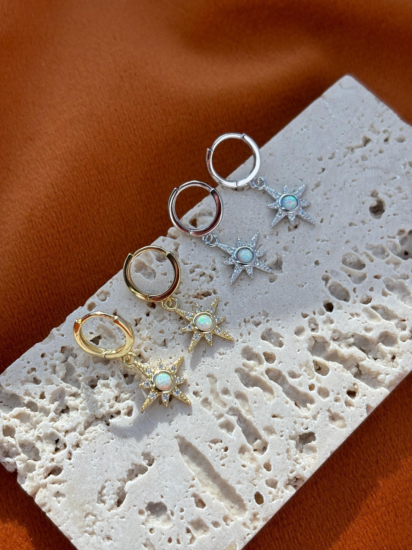 Shiny North Star Opal Hoops, Silver Celestial Drop Dangle Earrings, Vintage Style Star Jewelry, Dainty Gold Plated Sterling Silver Jewellery