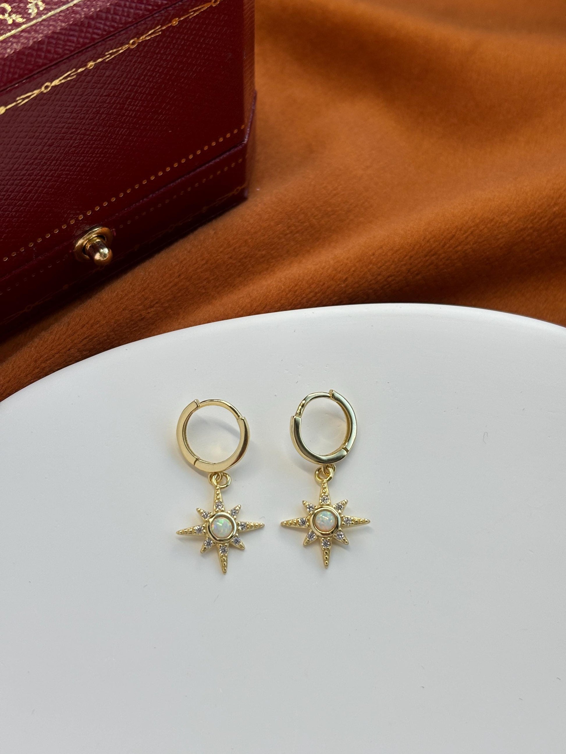 Shiny North Star Opal Hoops, Silver Celestial Drop Dangle Earrings, Vintage Style Star Jewelry, Dainty Gold Plated Sterling Silver Jewellery
