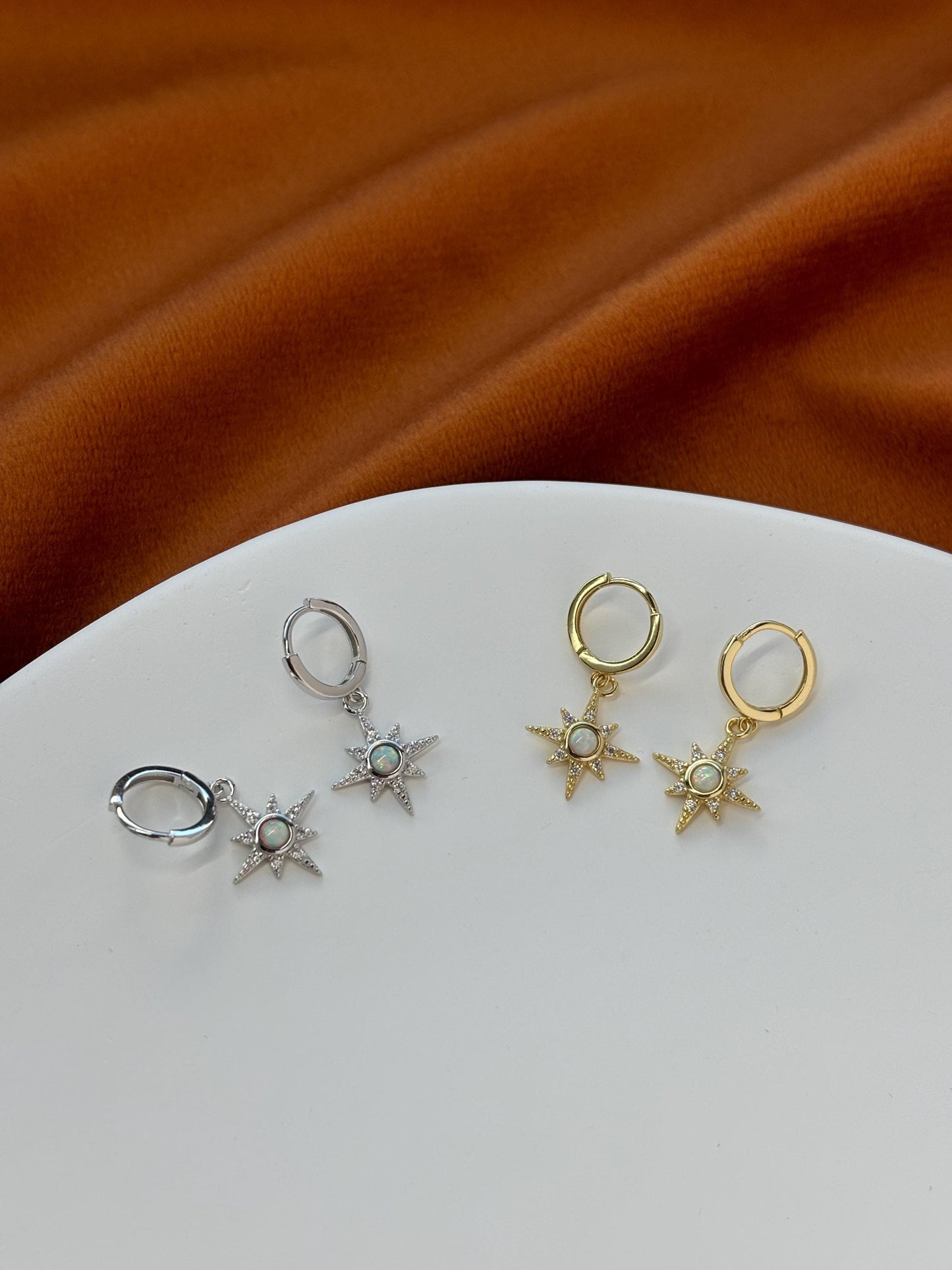 Shiny North Star Opal Hoops, Silver Celestial Drop Dangle Earrings, Vintage Style Star Jewelry, Dainty Gold Plated Sterling Silver Jewellery