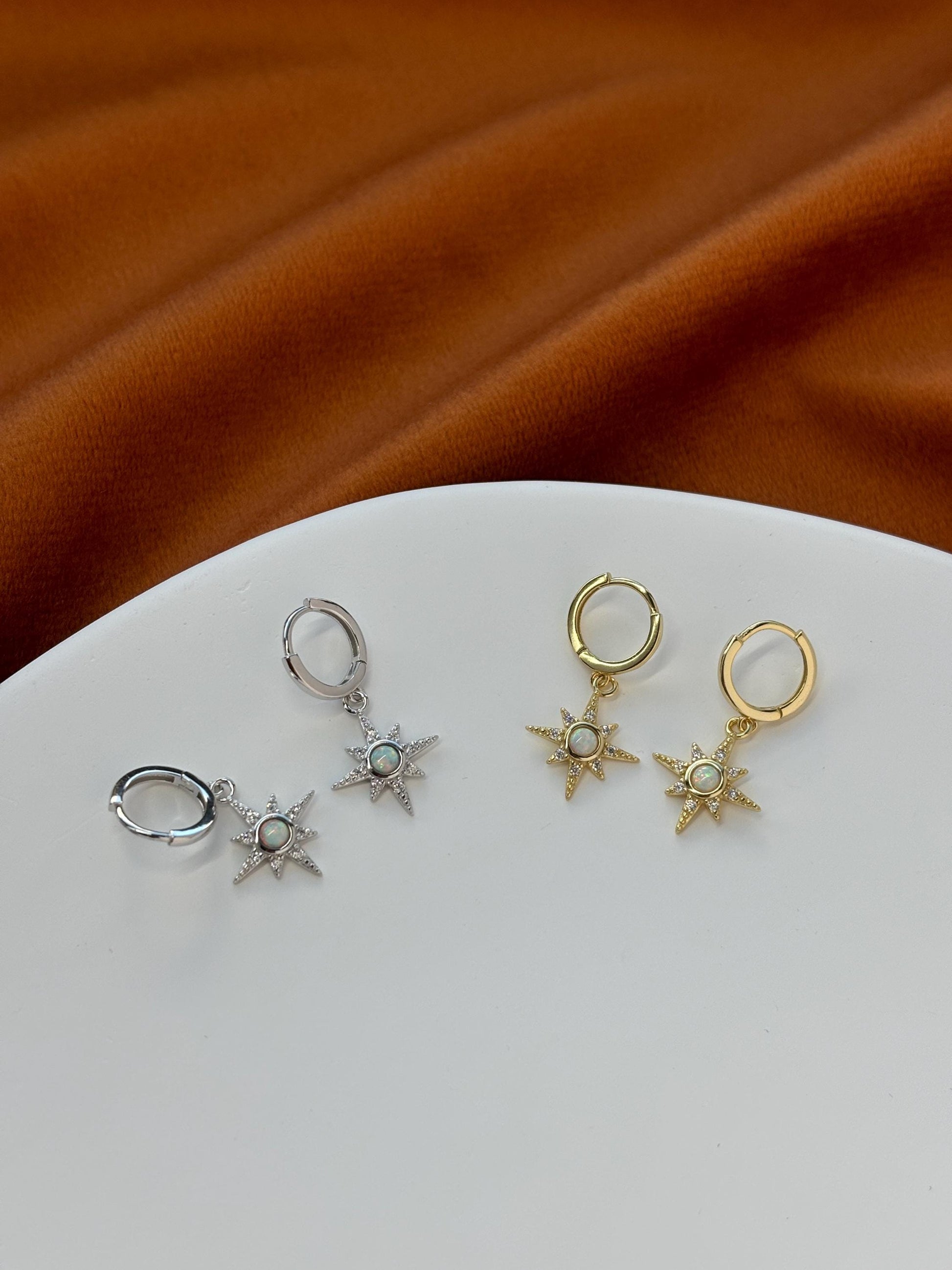 Shiny North Star Opal Hoops, Silver Celestial Drop Dangle Earrings, Vintage Style Star Jewelry, Dainty Gold Plated Sterling Silver Jewellery