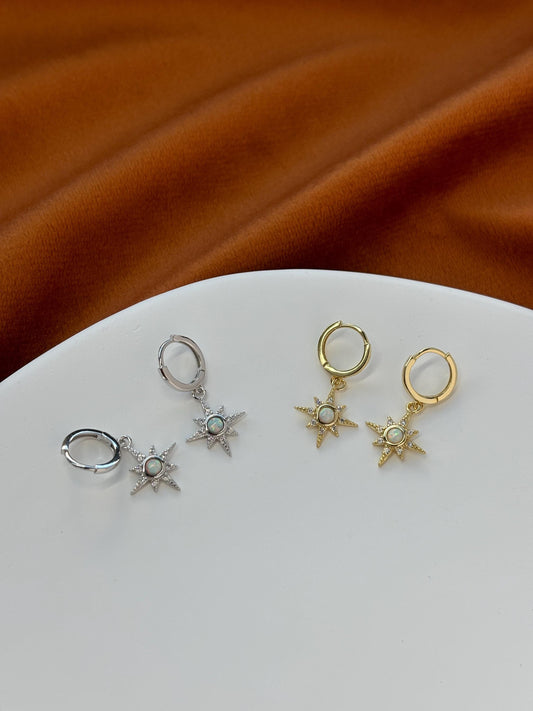 Shiny North Star Opal Hoops, Silver Celestial Drop Dangle Earrings, Vintage Style Star Jewelry, Dainty Gold Plated Sterling Silver Jewellery