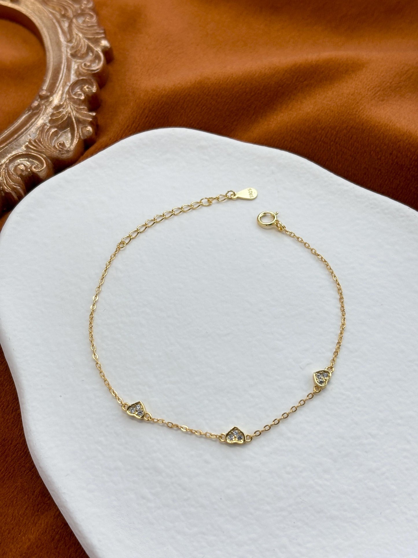 Heart Shaped Bracelet, Silver Charm Bracelet, Golden Thin Chain Love Bracelet, Gold Plated Sterling Silver Jewellery, Dainty Elegant Jewelry