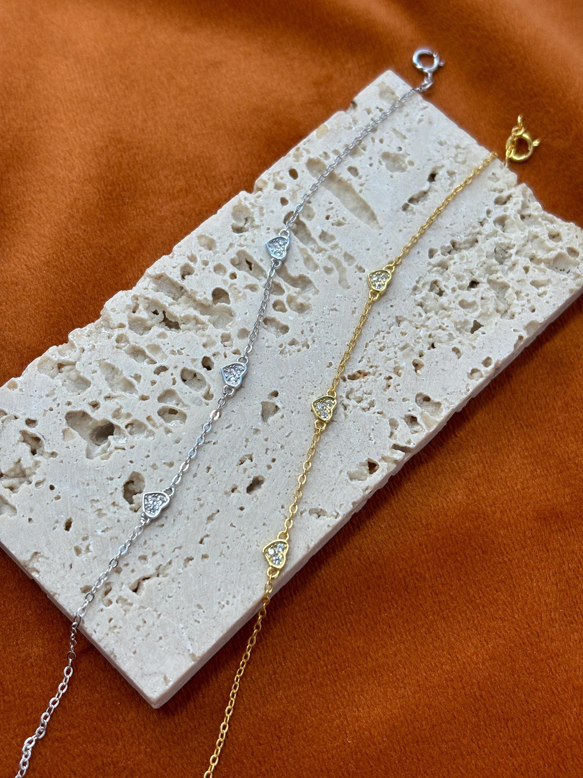 Heart Shaped Bracelet, Silver Charm Bracelet, Golden Thin Chain Love Bracelet, Gold Plated Sterling Silver Jewellery, Dainty Elegant Jewelry