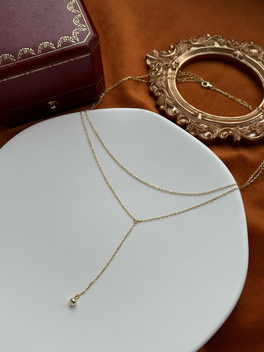 Golden Chain Y Shaped Lariat Necklace, Gold Plated Sterling Silver Shiny Clavicle Necklace, Bead Pendant Jewellery, Dainty Elegant Jewelry