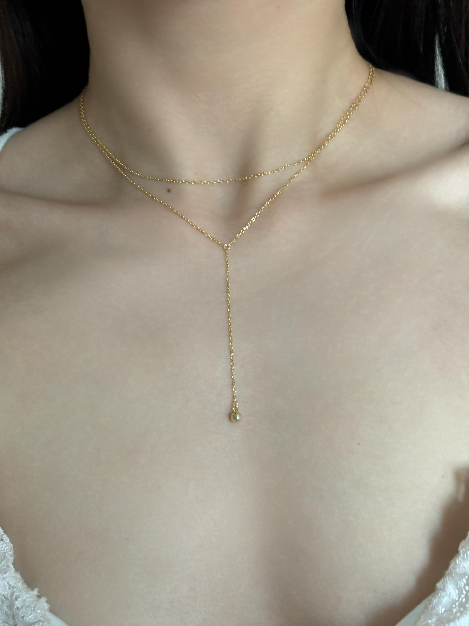 Golden Chain Y Shaped Lariat Necklace, Gold Plated Sterling Silver Shiny Clavicle Necklace, Bead Pendant Jewellery, Dainty Elegant Jewelry