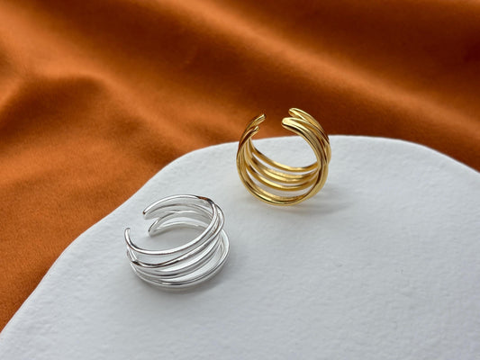 Golden Fashion Statement Ring, Multi Layers Adjustable Rings, Gold Irregular Hollow Multiple Row Wrap Ring, Silver Jewelry, Unique Jewellery