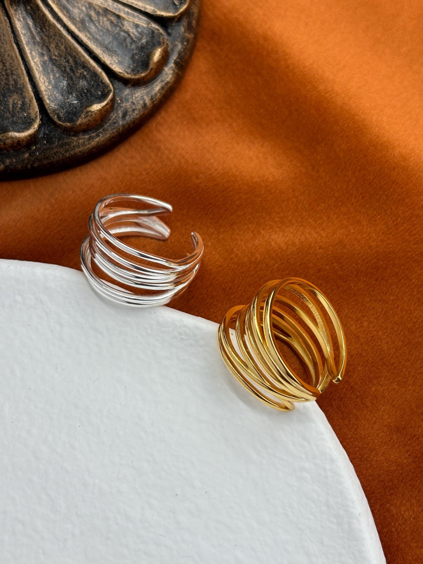 Golden Fashion Statement Ring, Multi Layers Adjustable Rings, Gold Irregular Hollow Multiple Row Wrap Ring, Silver Jewelry, Unique Jewellery