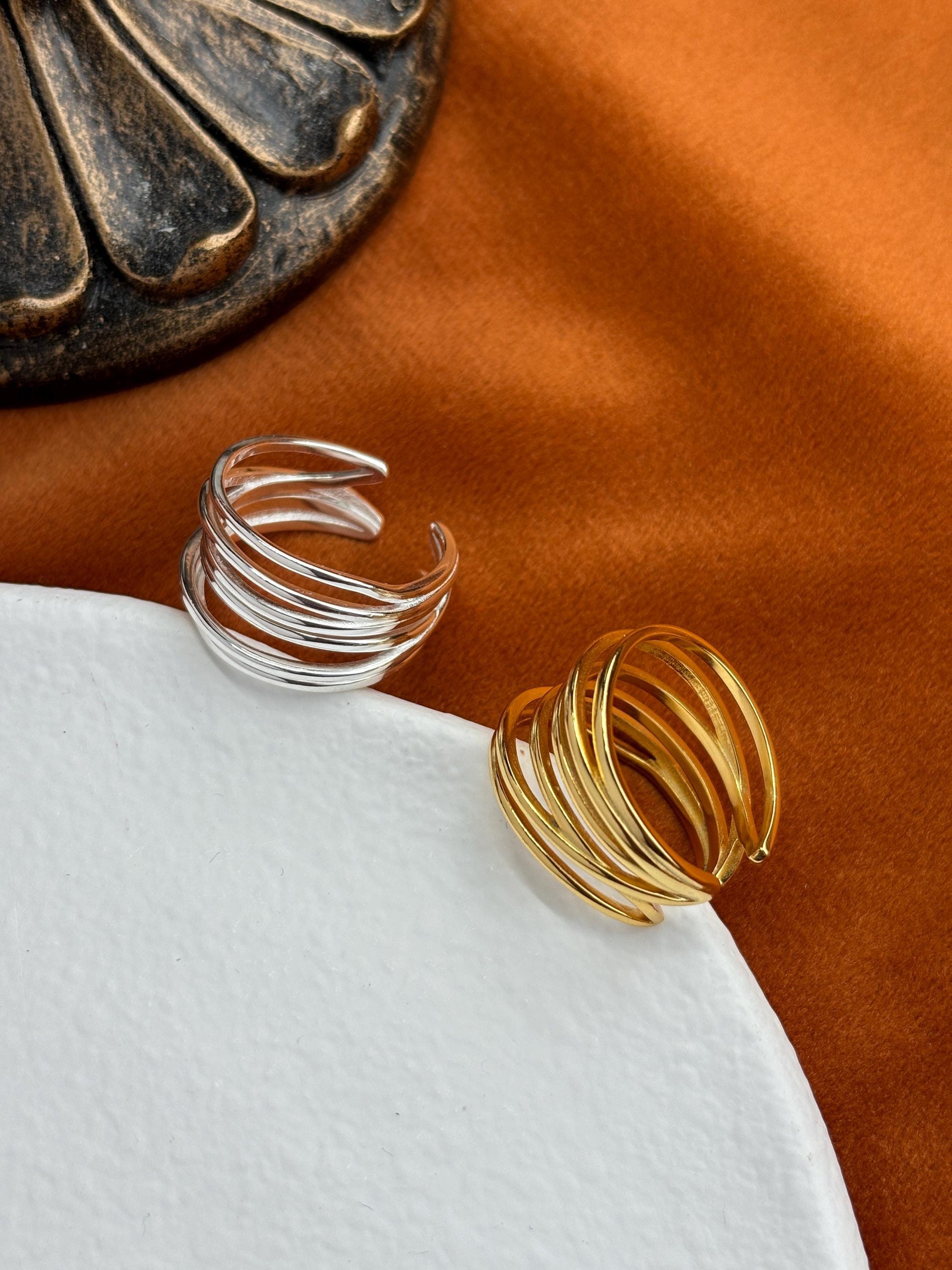 Golden Fashion Statement Ring, Multi Layers Adjustable Rings, Gold Irregular Hollow Multiple Row Wrap Ring, Silver Jewelry, Unique Jewellery