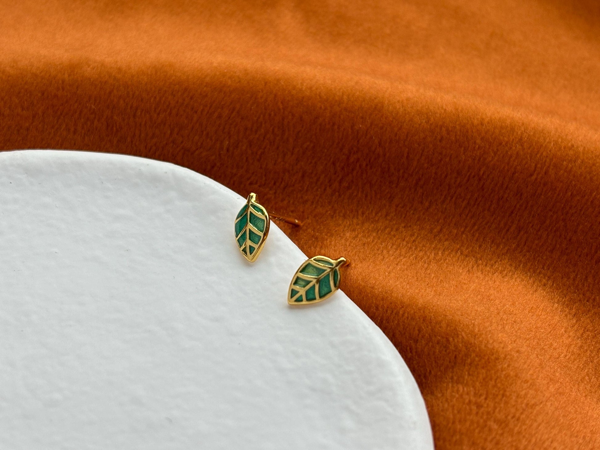 Enamel Green Leaf Solid Sterling Silver Stud Earrings, Mini Cute Golden Plant Earrings, Glaze Jewelry, Dainty 14K Gold Plated Studs