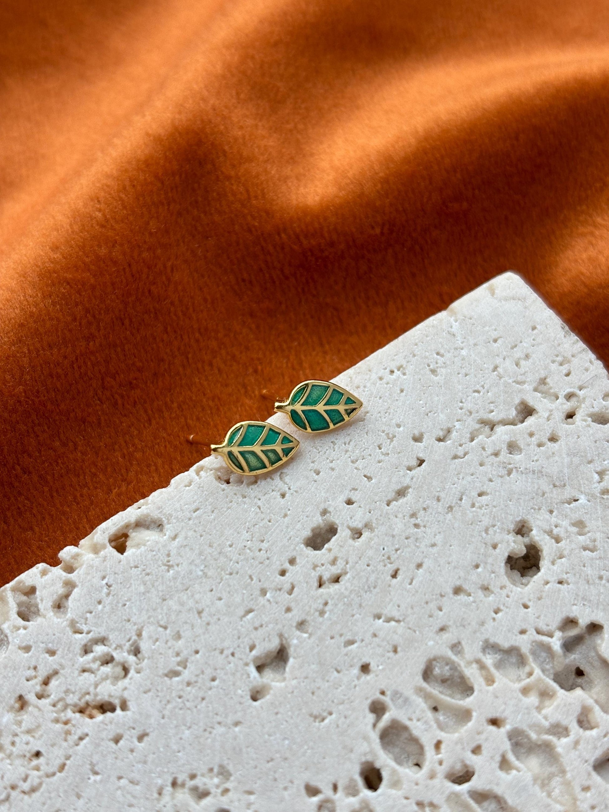 Enamel Green Leaf Solid Sterling Silver Stud Earrings, Mini Cute Golden Plant Earrings, Glaze Jewelry, Dainty 14K Gold Plated Studs