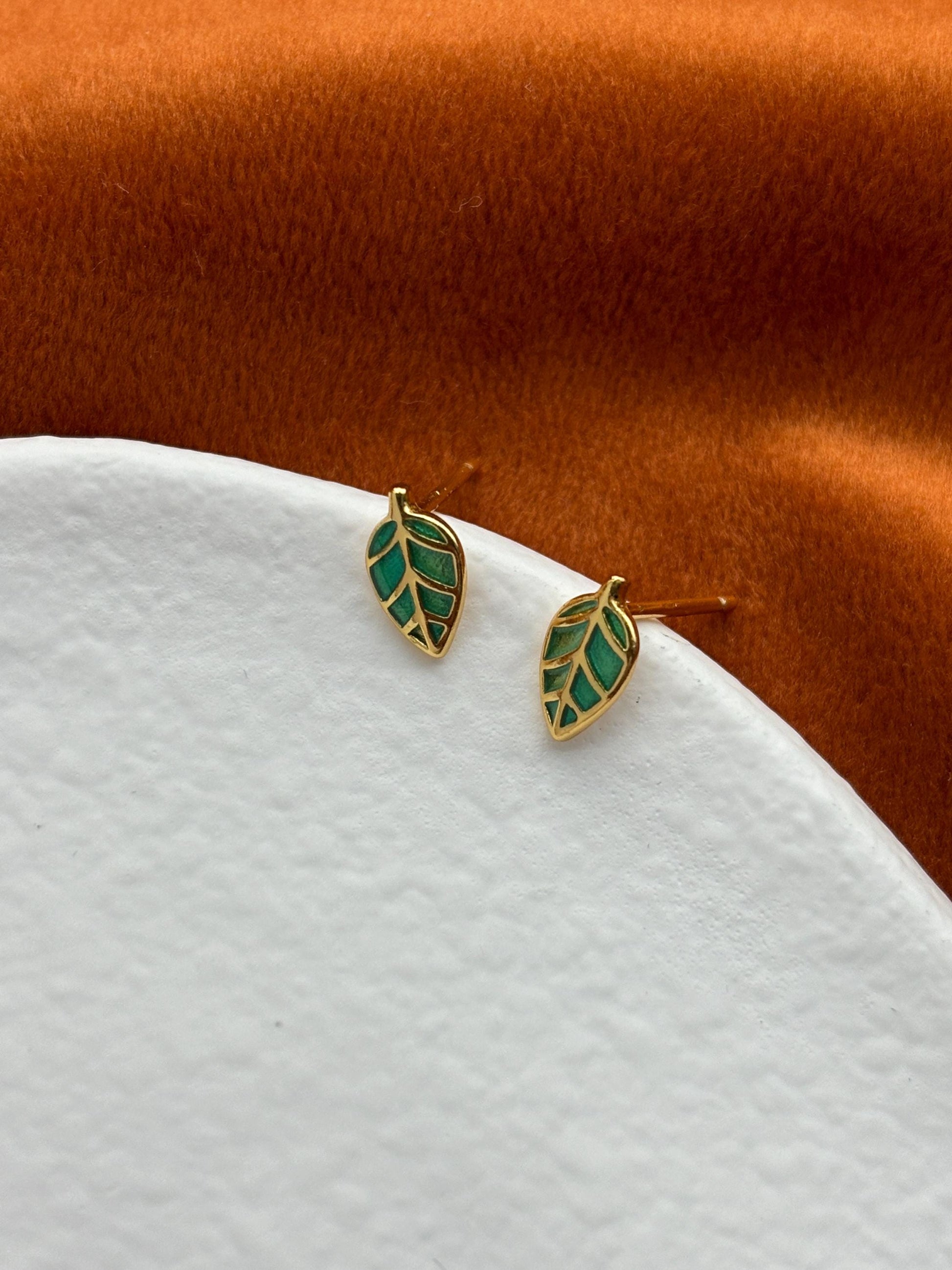 Enamel Green Leaf Solid Sterling Silver Stud Earrings, Mini Cute Golden Plant Earrings, Glaze Jewelry, Dainty 14K Gold Plated Studs