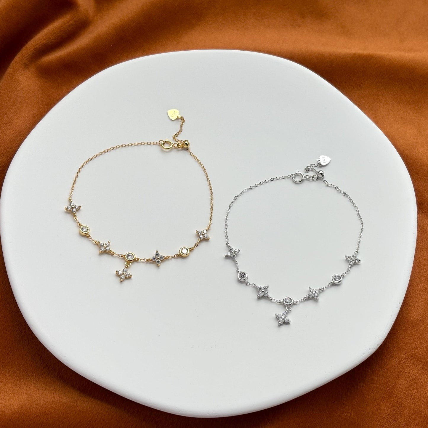 Silver Four Leaf Clover Bracelet, Golden Flower Charm Bracelet, Floral Gold Plated Sterling Silver Jewellery, Dainty Elegant Jewelry