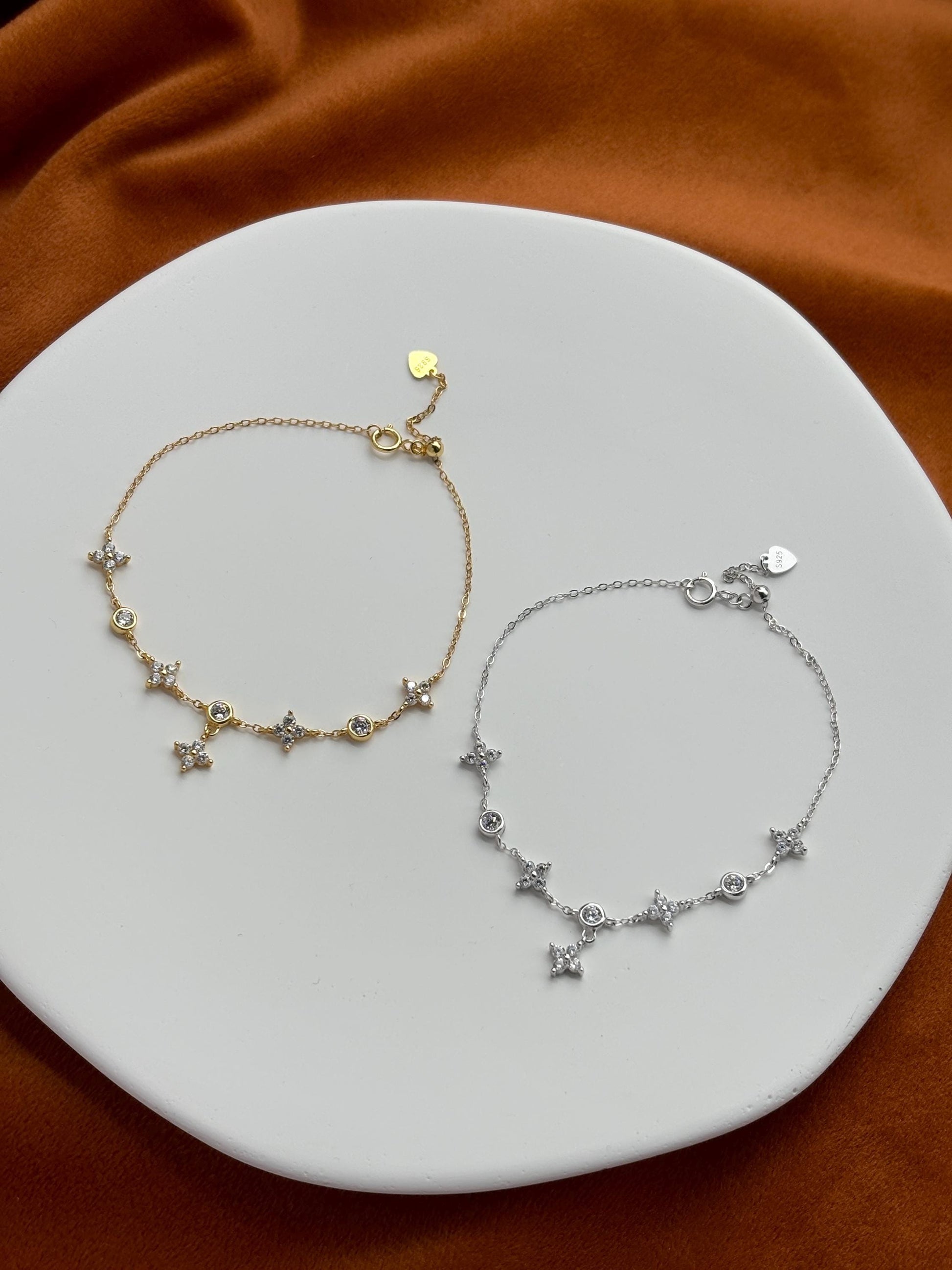 Silver Four Leaf Clover Bracelet, Golden Flower Charm Bracelet, Floral Gold Plated Sterling Silver Jewellery, Dainty Elegant Jewelry