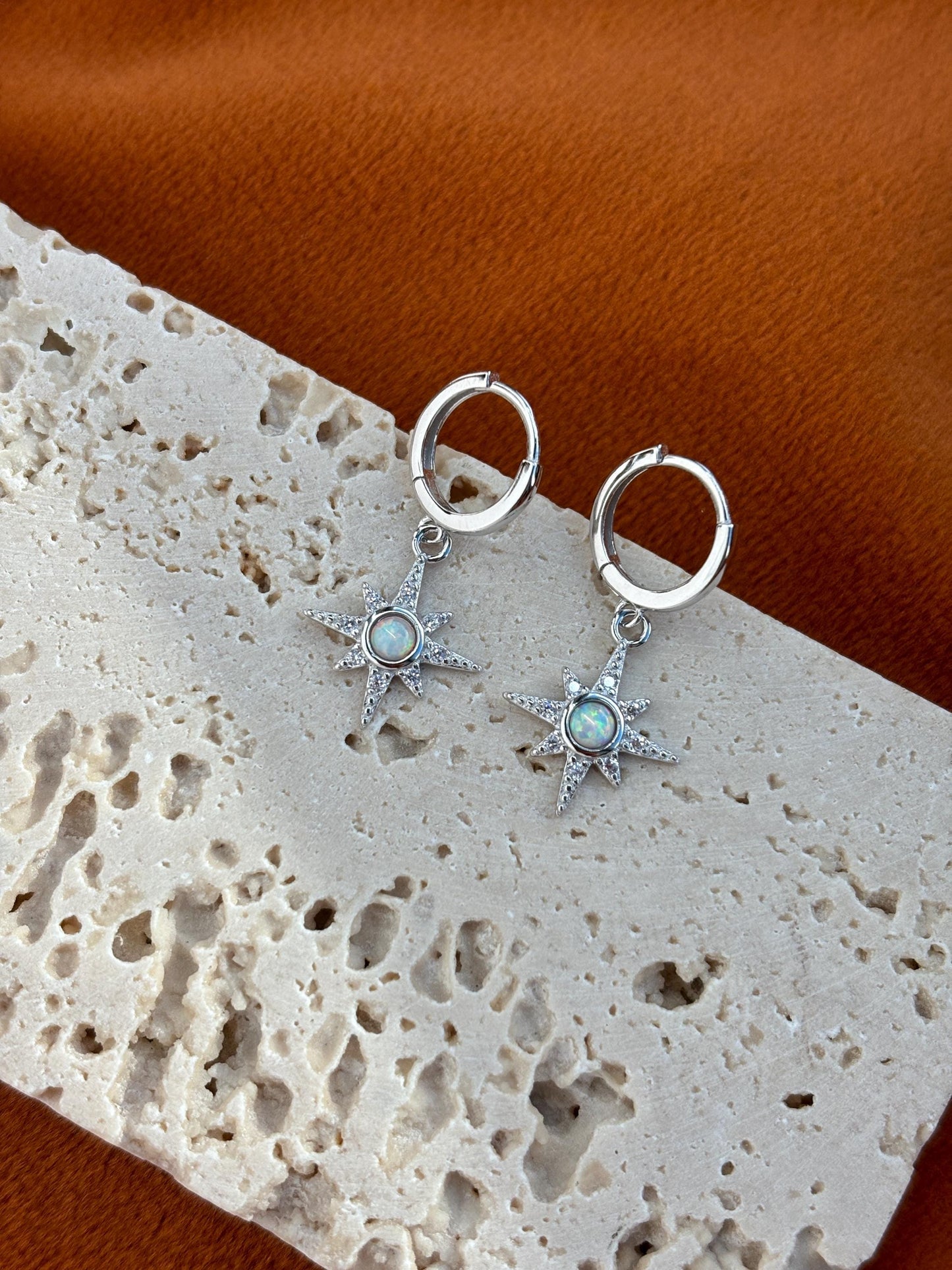 Shiny North Star Opal Hoops, Silver Celestial Drop Dangle Earrings, Vintage Style Star Jewelry, Dainty Gold Plated Sterling Silver Jewellery