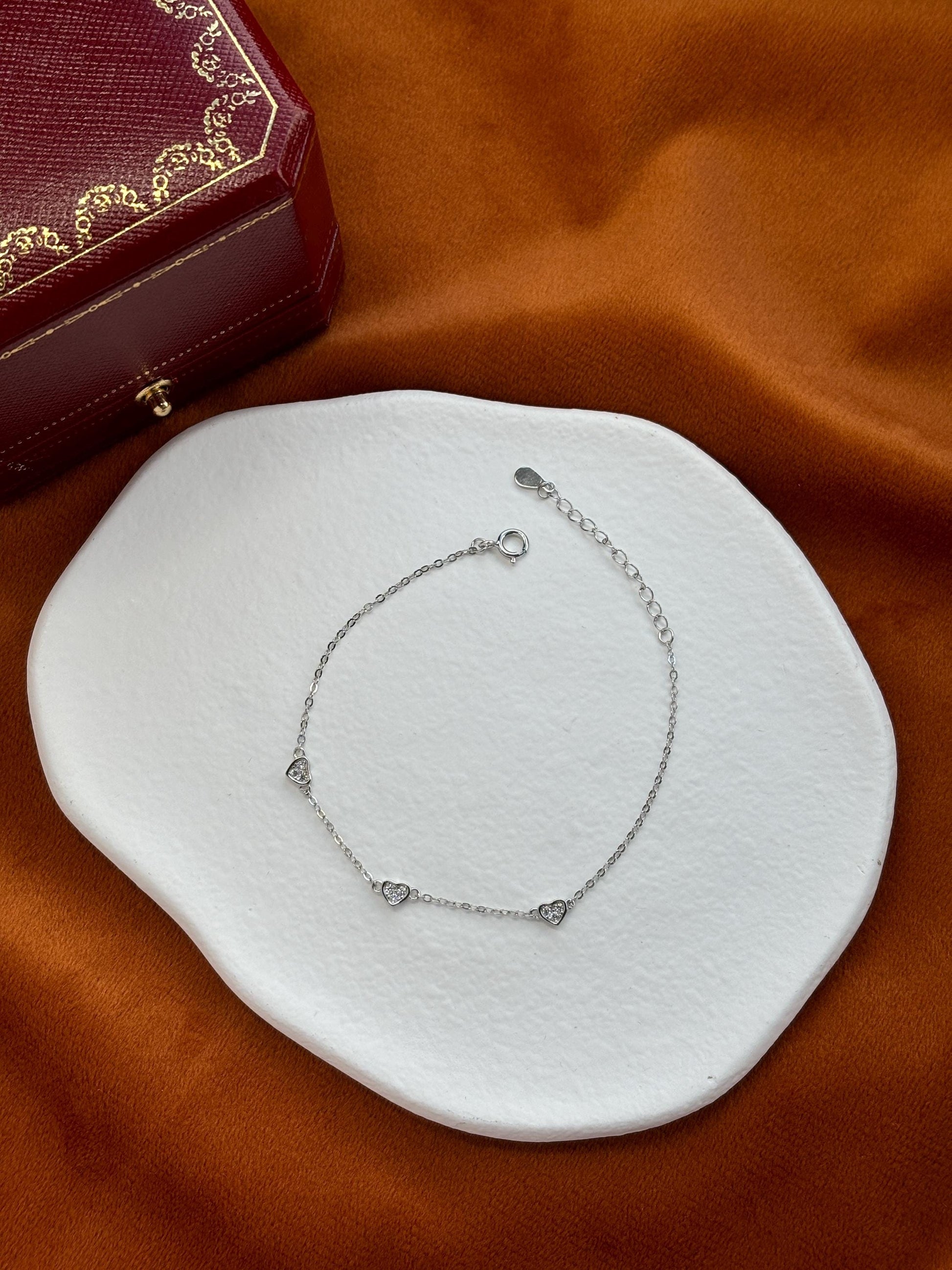 Heart Shaped Bracelet, Silver Charm Bracelet, Golden Thin Chain Love Bracelet, Gold Plated Sterling Silver Jewellery, Dainty Elegant Jewelry