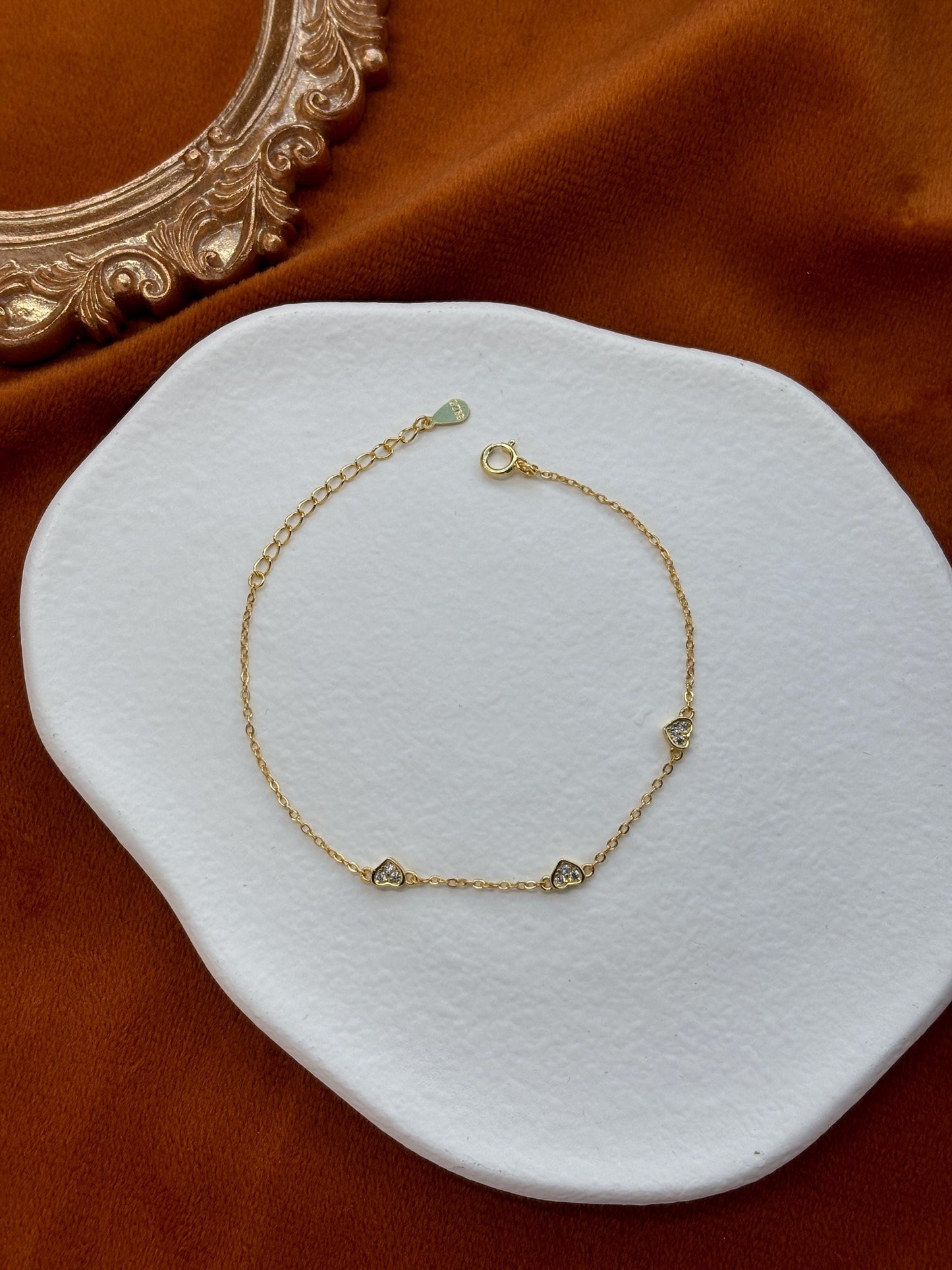 Heart Shaped Bracelet, Silver Charm Bracelet, Golden Thin Chain Love Bracelet, Gold Plated Sterling Silver Jewellery, Dainty Elegant Jewelry