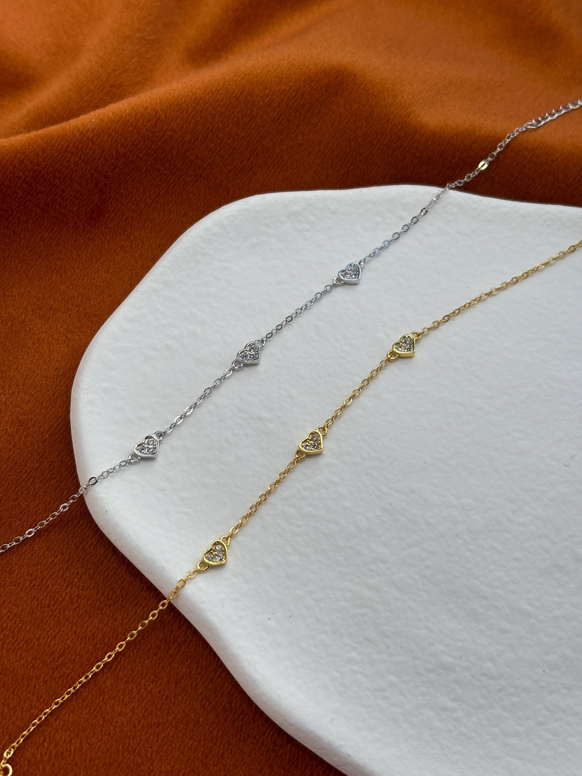 Heart Shaped Bracelet, Silver Charm Bracelet, Golden Thin Chain Love Bracelet, Gold Plated Sterling Silver Jewellery, Dainty Elegant Jewelry