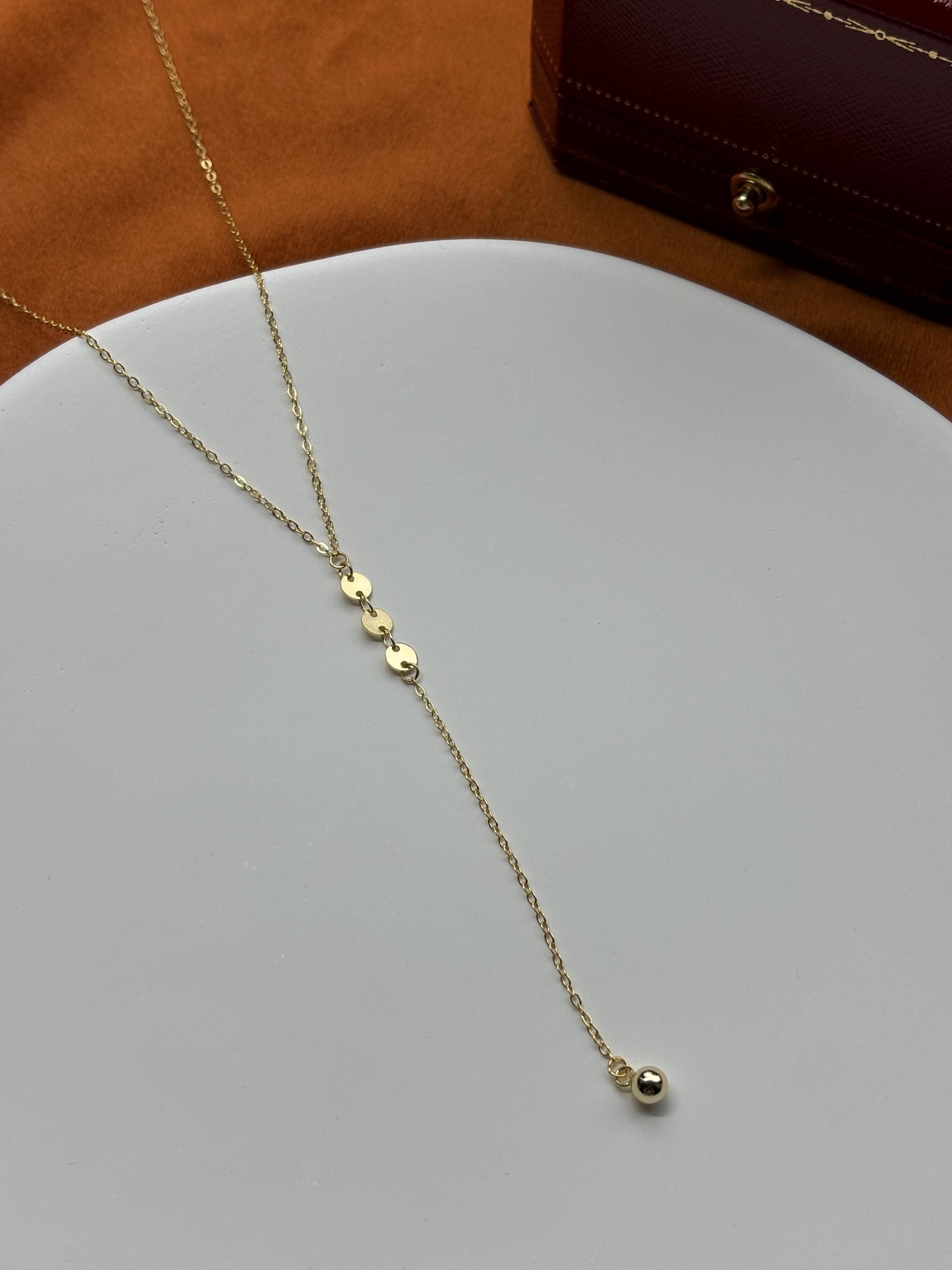 Dainty Golden Chain Y Shaped Lariat Necklace, Gold Plated Sterling Silver Clavicle Necklace Jewelry, Gold Sequin Bead Pendant Jewellery