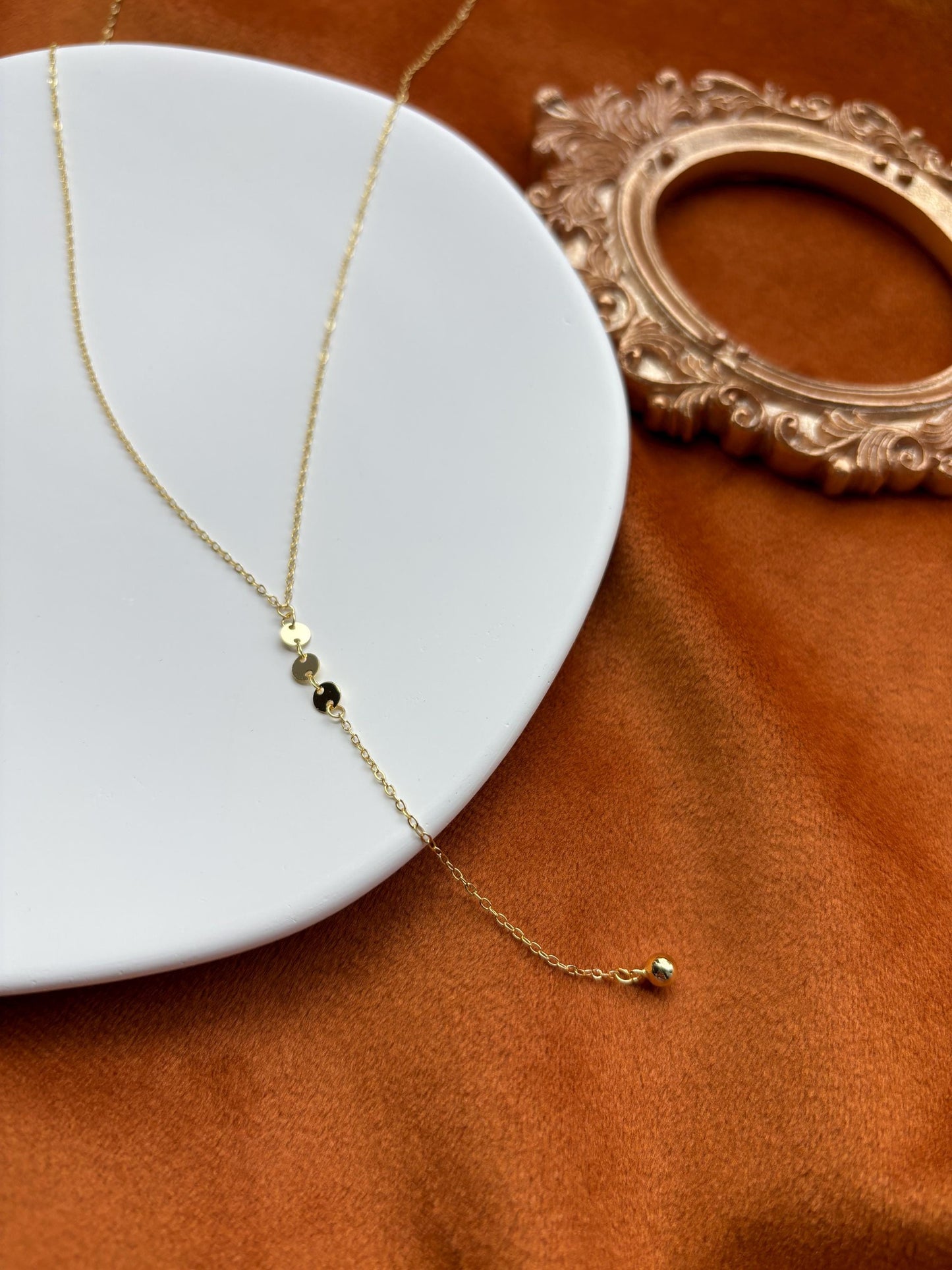 Dainty Golden Chain Y Shaped Lariat Necklace, Gold Plated Sterling Silver Clavicle Necklace Jewelry, Gold Sequin Bead Pendant Jewellery