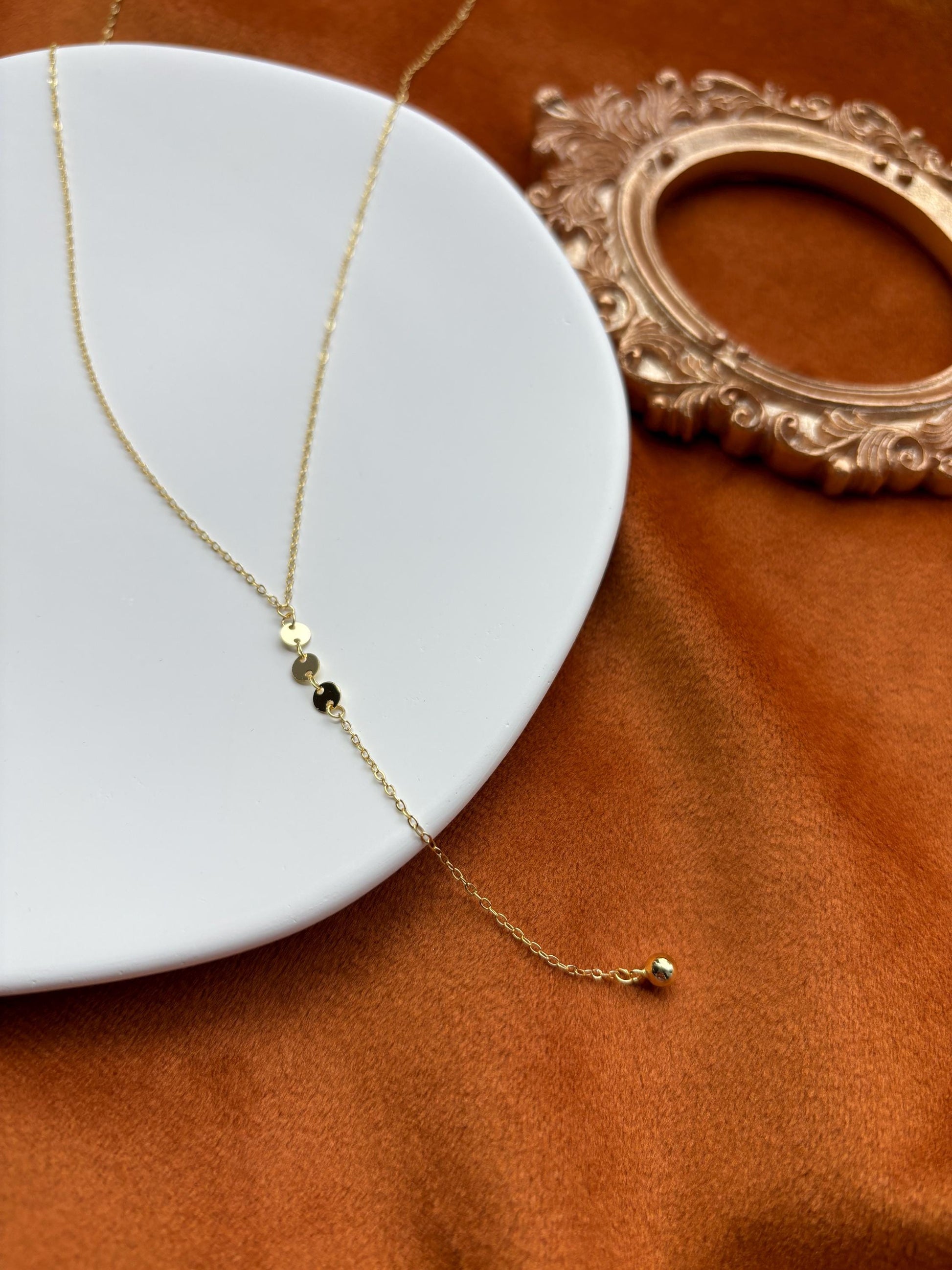 Dainty Golden Chain Y Shaped Lariat Necklace, Gold Plated Sterling Silver Clavicle Necklace Jewelry, Gold Sequin Bead Pendant Jewellery