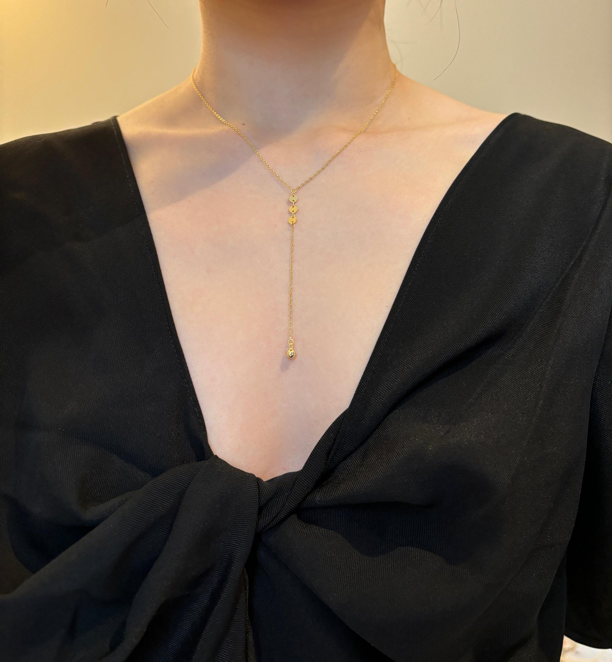Dainty Golden Chain Y Shaped Lariat Necklace, Gold Plated Sterling Silver Clavicle Necklace Jewelry, Gold Sequin Bead Pendant Jewellery
