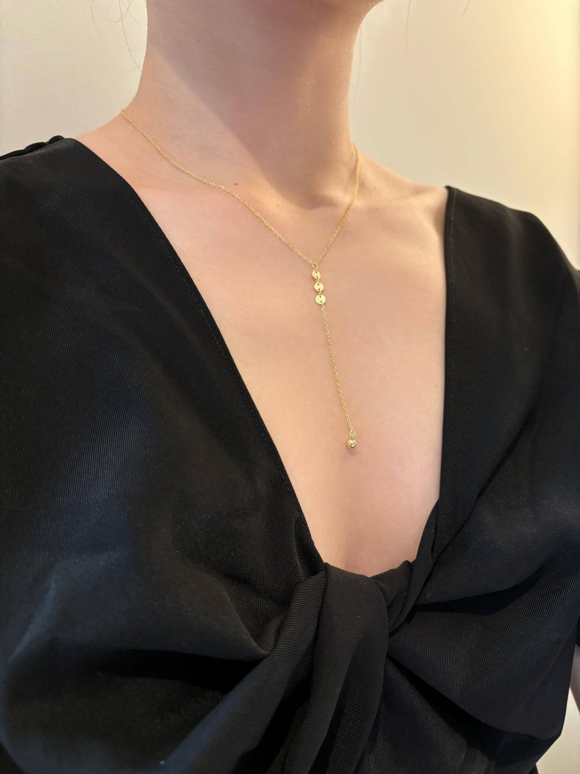 Dainty Golden Chain Y Shaped Lariat Necklace, Gold Plated Sterling Silver Clavicle Necklace Jewelry, Gold Sequin Bead Pendant Jewellery