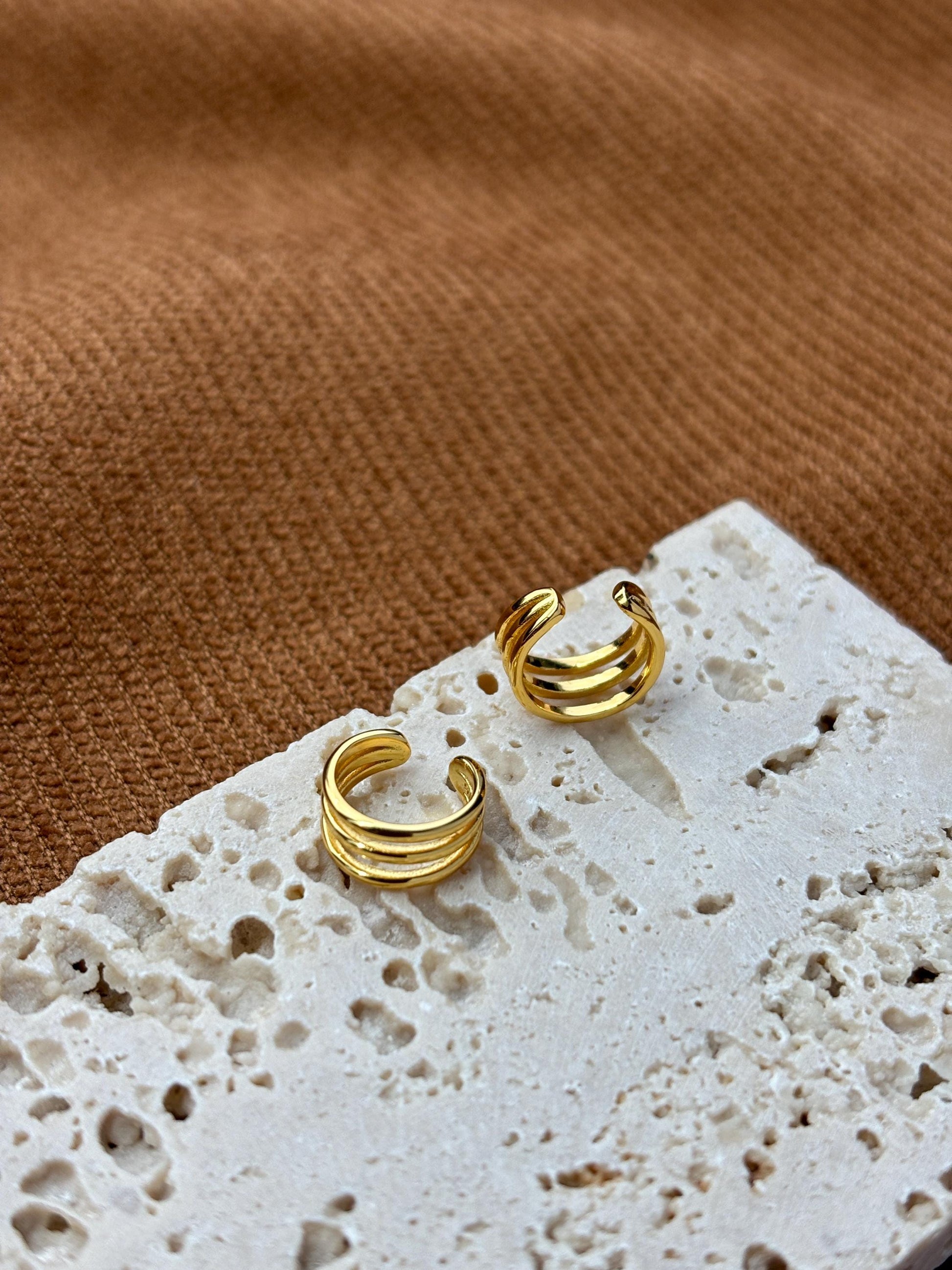 Daily Minimalist Triple Band Ear Cuff, Multilayer Three Row Non-Piercing Earrings, Gold Plated Silver Jewelry, Everyday Simple Jewellery