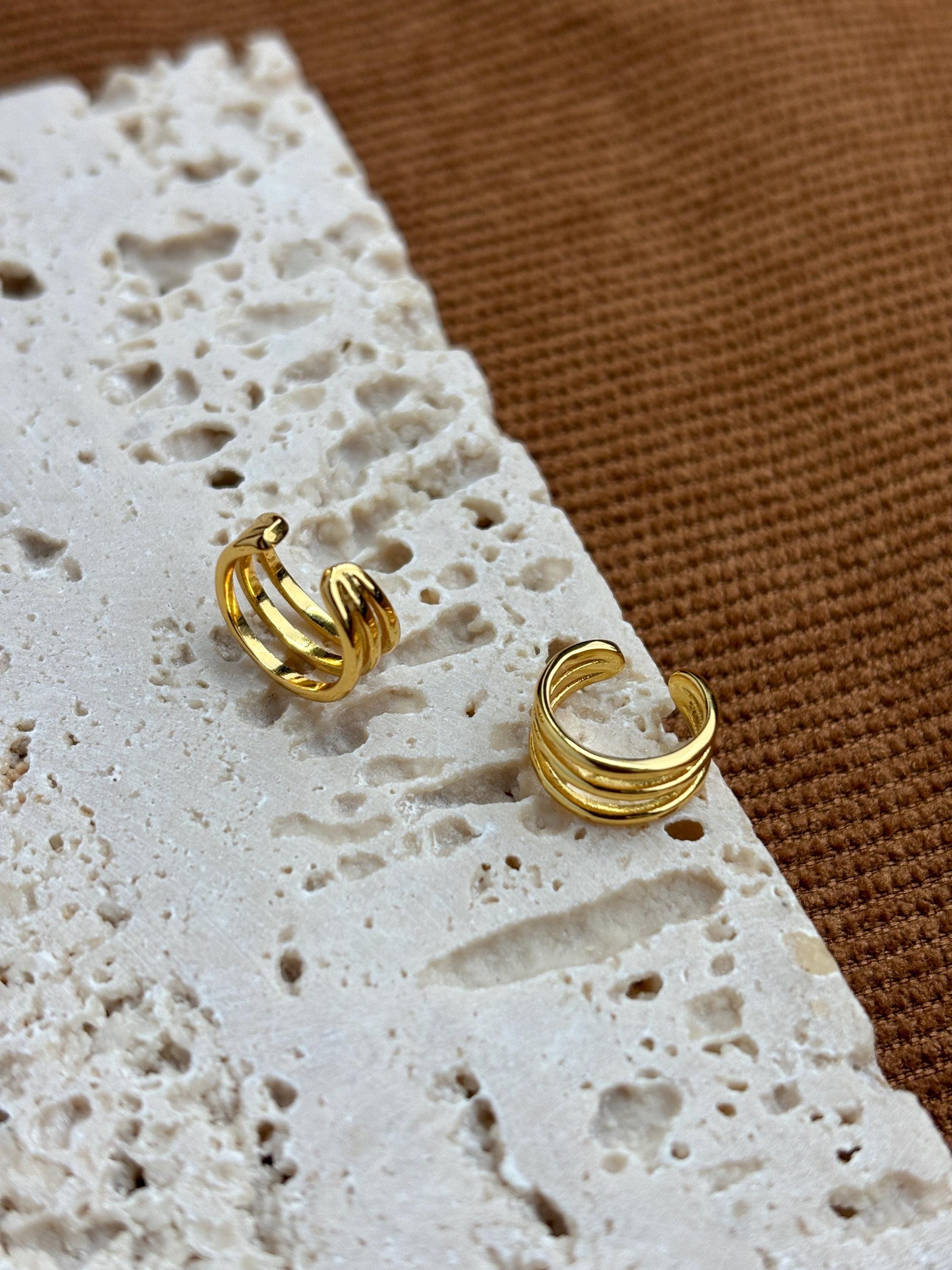 Daily Minimalist Triple Band Ear Cuff, Multilayer Three Row Non-Piercing Earrings, Gold Plated Silver Jewelry, Everyday Simple Jewellery