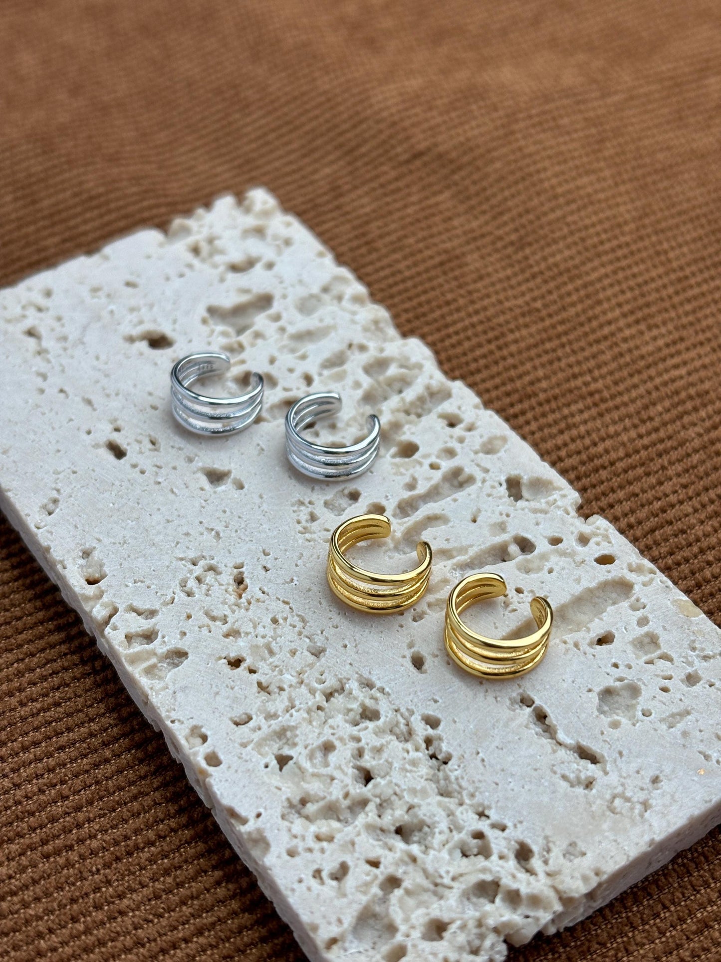 Daily Minimalist Triple Band Ear Cuff, Multilayer Three Row Non-Piercing Earrings, Gold Plated Silver Jewelry, Everyday Simple Jewellery