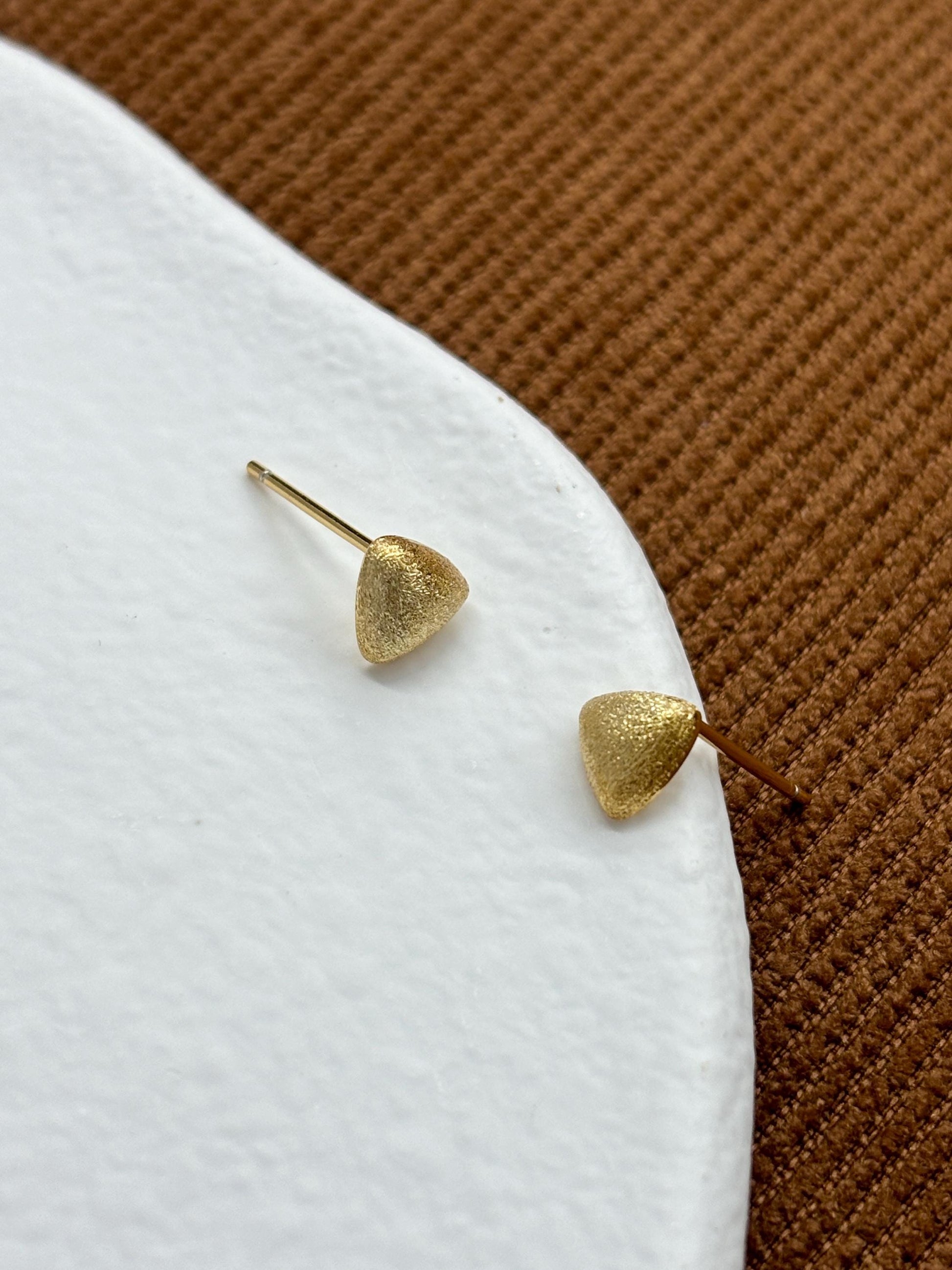 Dainty Matte Gold Triangle Stud Earrings, Golden Frosted Shiny Geometric Studs, 14K Gold Plated 925 Sterling Silver Jewellery, Daily Jewelry