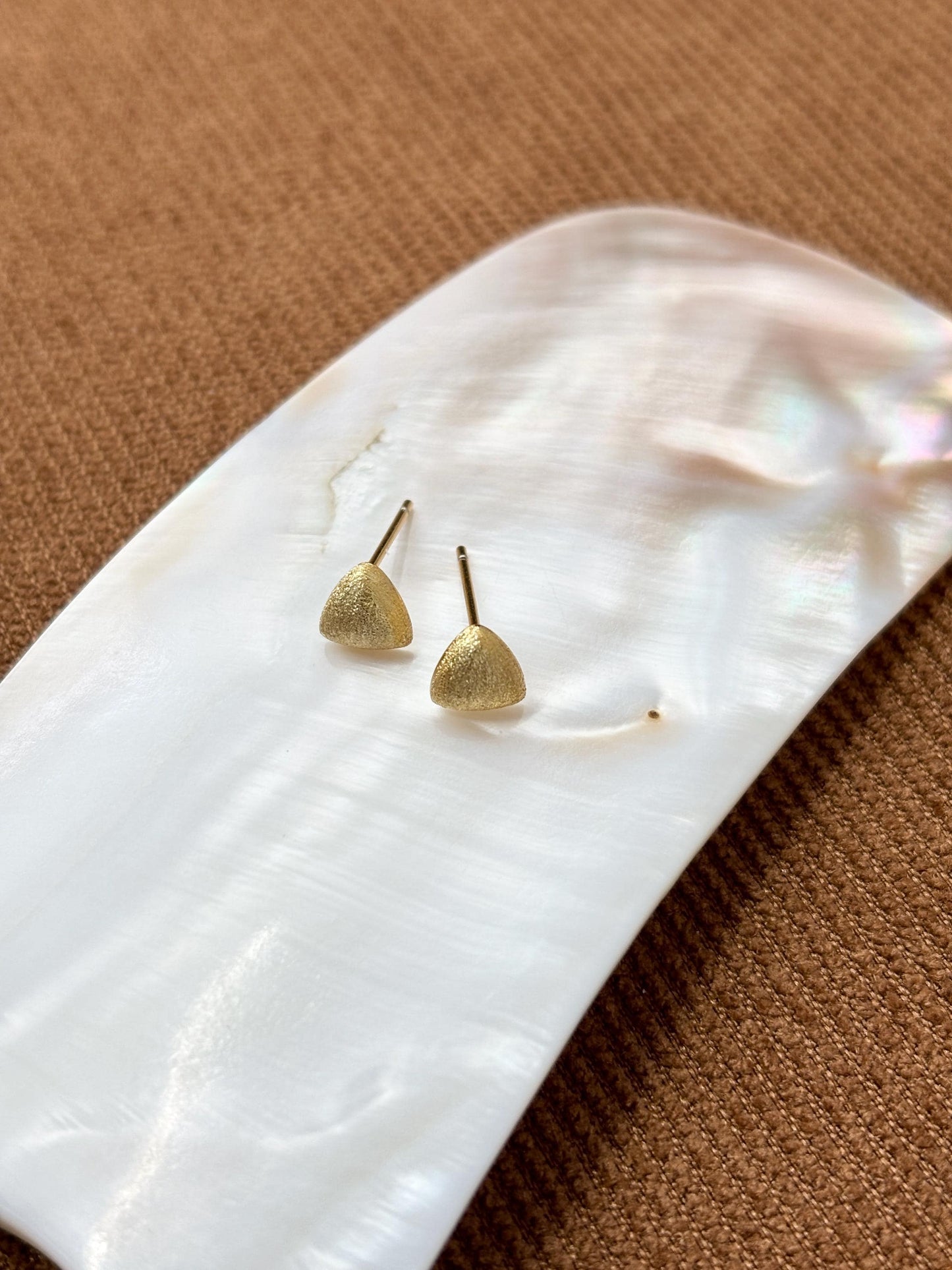 Dainty Matte Gold Triangle Stud Earrings, Golden Frosted Shiny Geometric Studs, 14K Gold Plated 925 Sterling Silver Jewellery, Daily Jewelry