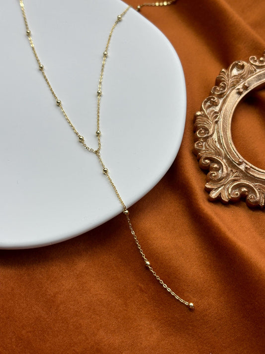Dainty Beaded Golden Chain Y Shaped Lariat Necklace, Gold Plated Sterling Silver Clavicle Necklace Jewelry, Elegant Bead Pendant Jewellery