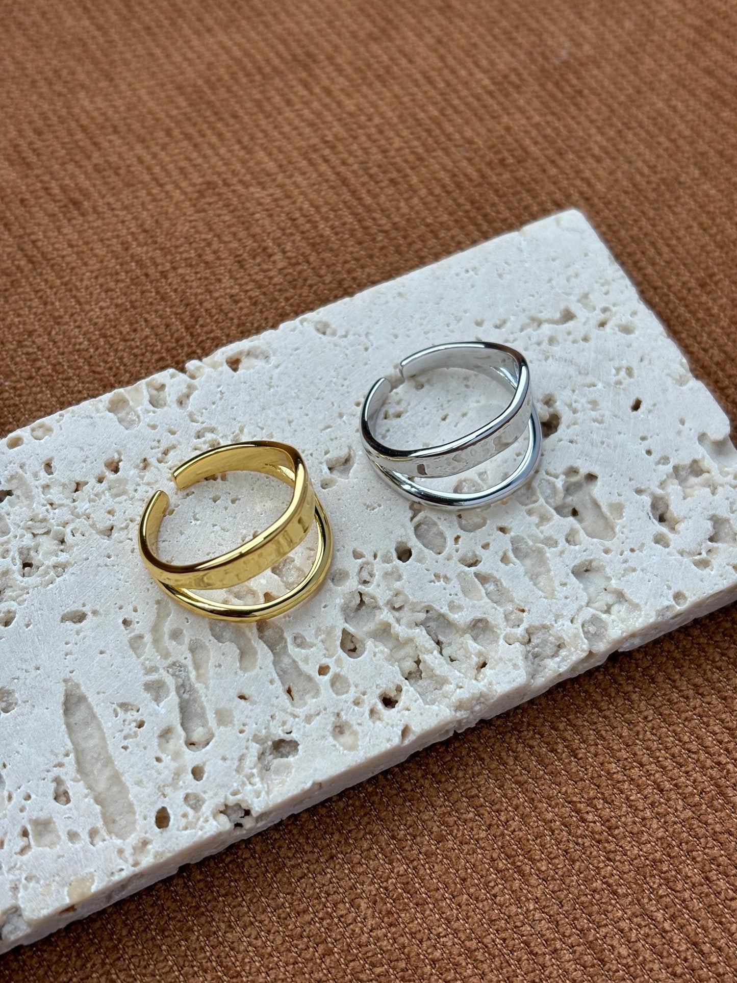Double Layers Adjustable Rings, Silver Fashion Statement Ring, Gold Irregular Double Row Wrap Ring, Golden Jewelry, Unique Jewellery