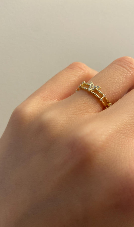 Golden Butterfly Ring, Double Layers Adjustable Rings, Gold Heart Jewelry, Dainty Shiny Zircon Rings, Luxury Elegant Jewellery