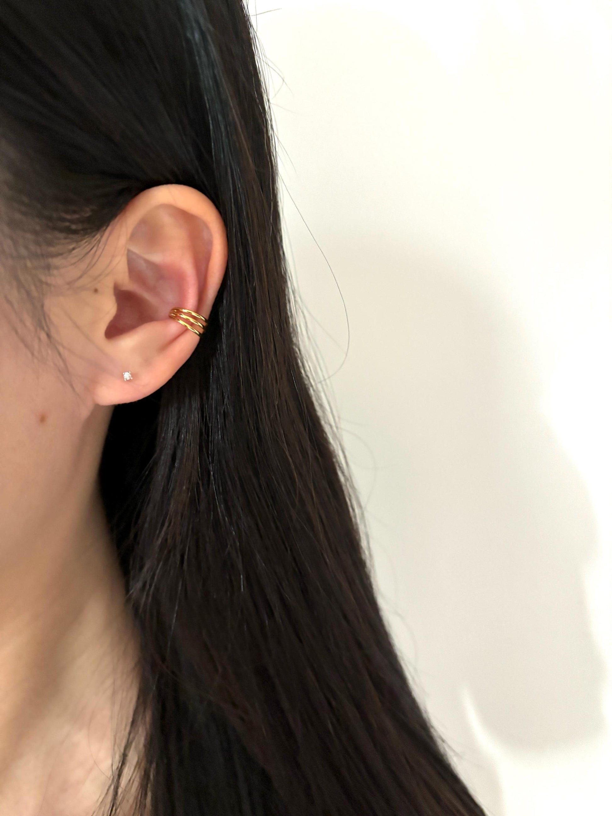 Daily Minimalist Triple Band Ear Cuff, Multilayer Three Row Non-Piercing Earrings, Gold Plated Silver Jewelry, Everyday Simple Jewellery