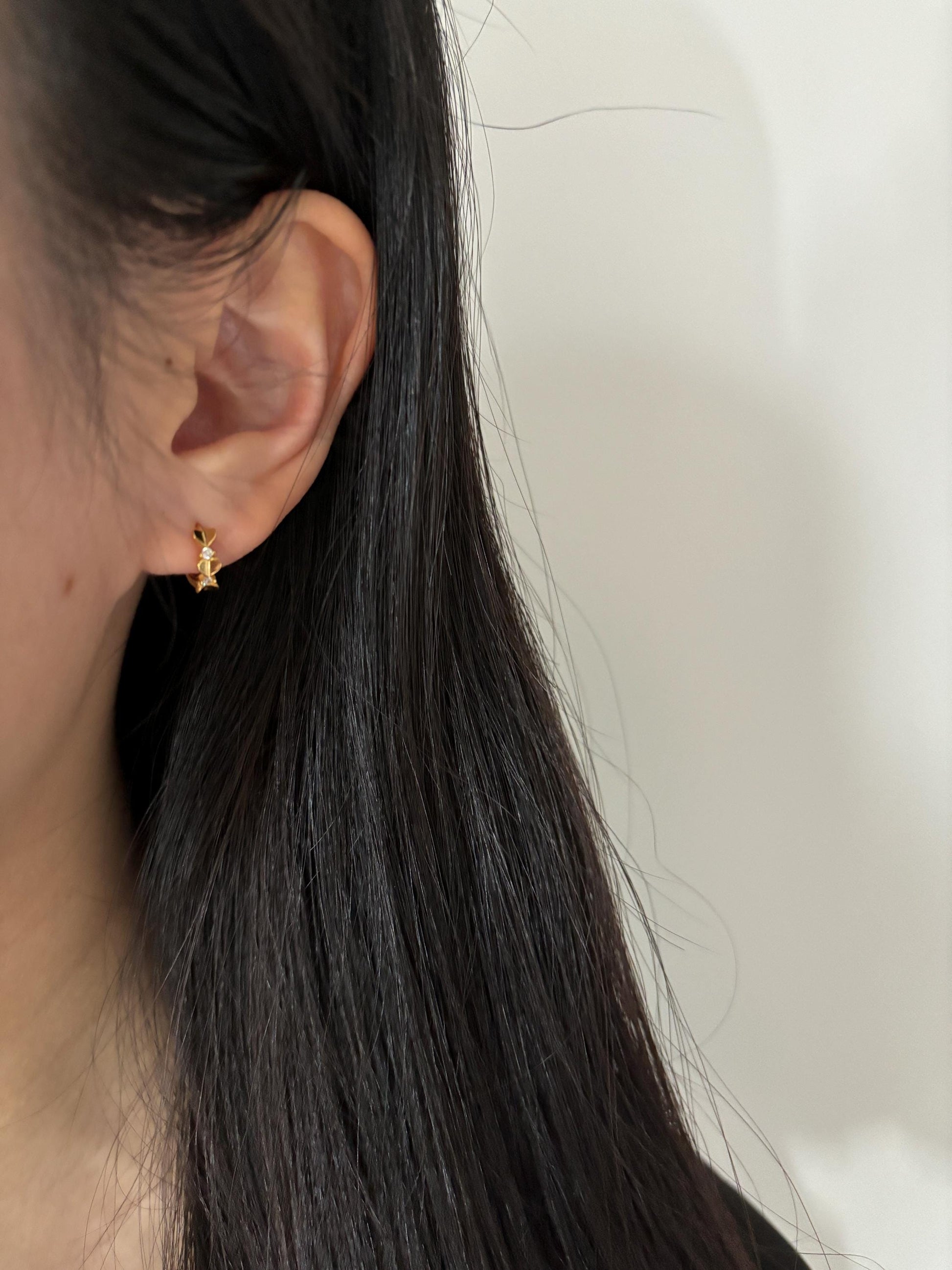 Dainty Peach Heart Huggie, Golden Love Sweet Heart Shape Hoop Earrings, Elegant Silver Cute Jewelry, Gold Plated Sterling Silver Jewellery