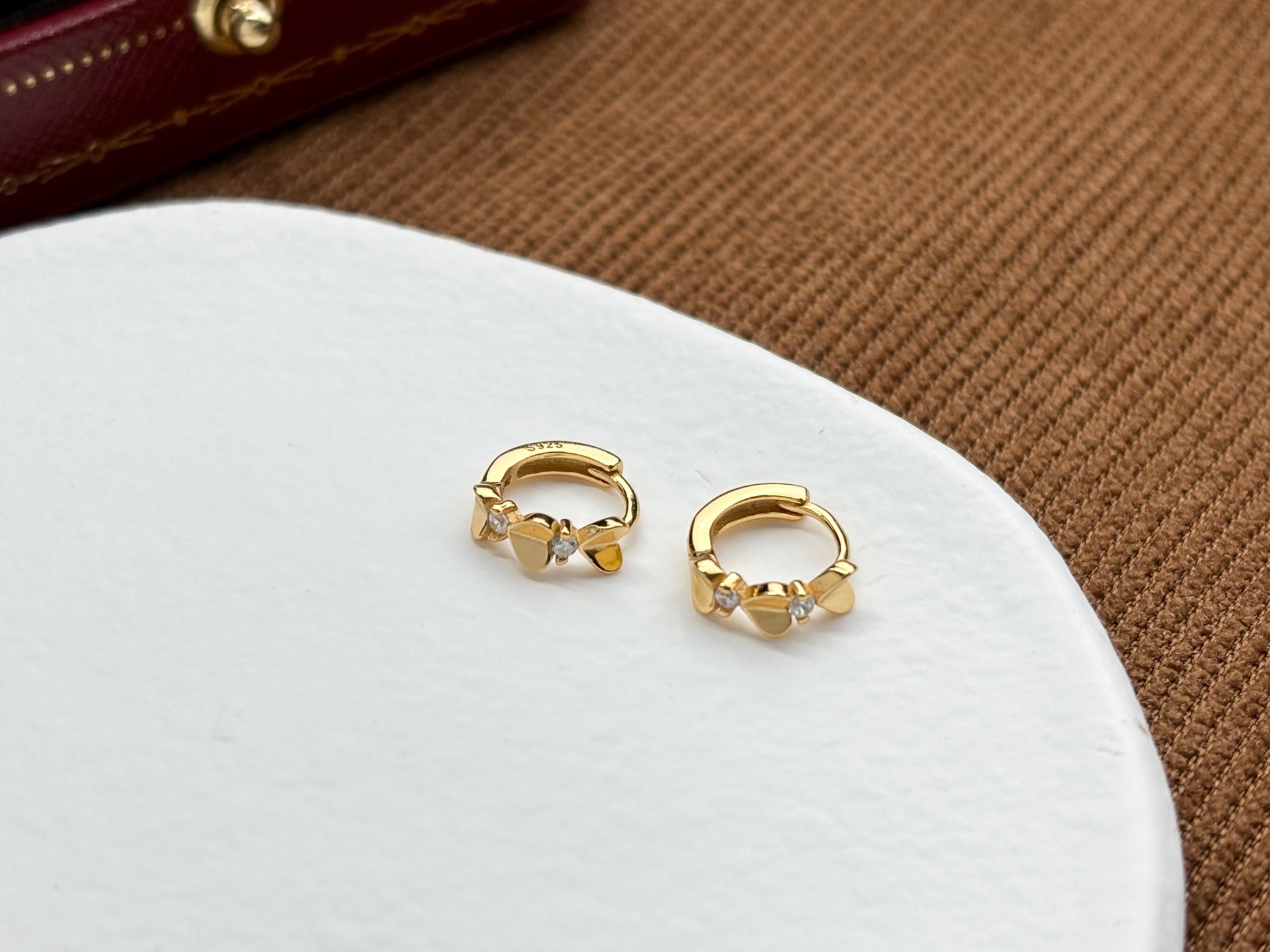 Dainty Peach Heart Huggie, Golden Love Sweet Heart Shape Hoop Earrings, Elegant Silver Cute Jewelry, Gold Plated Sterling Silver Jewellery