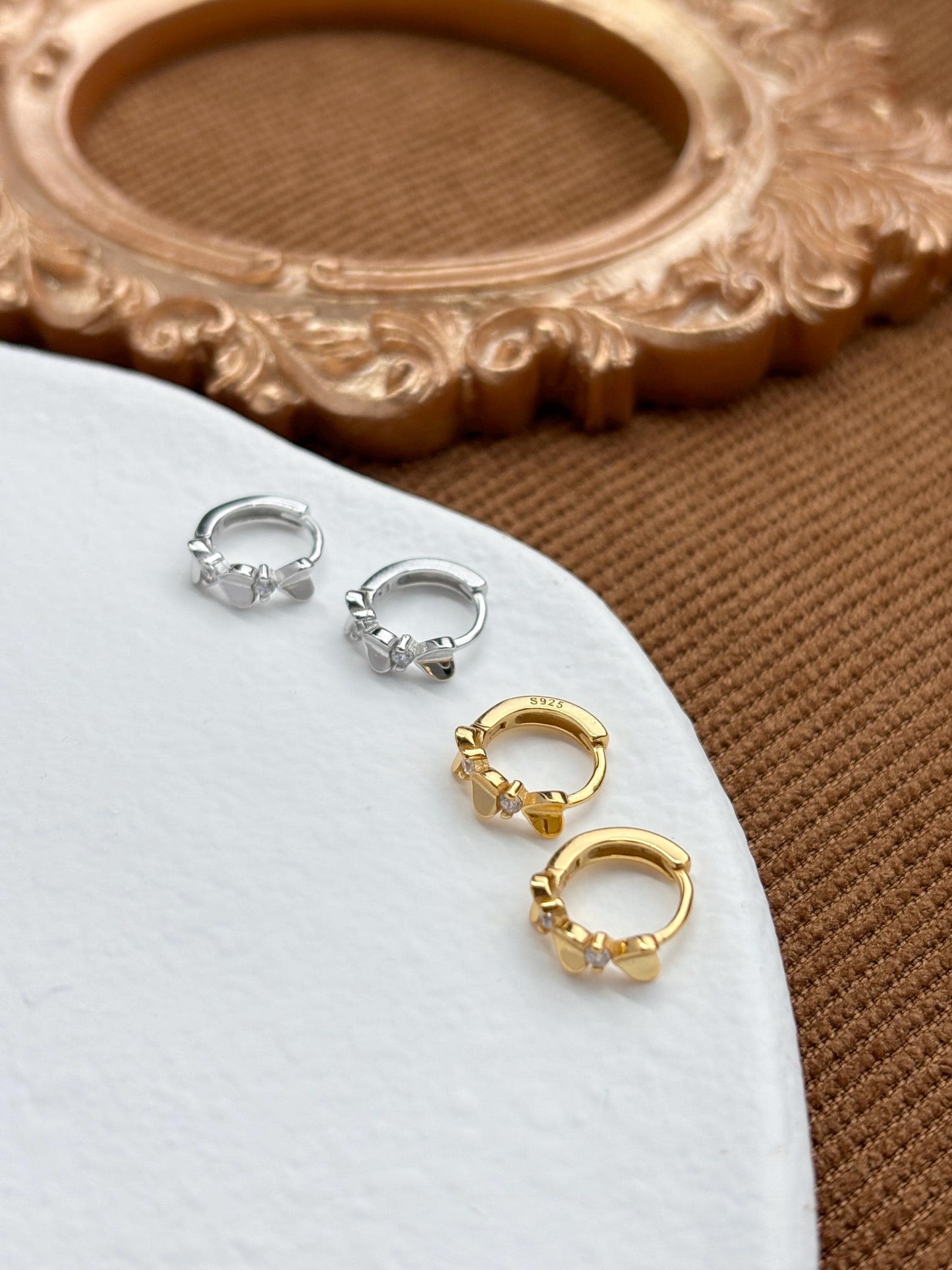 Dainty Peach Heart Huggie, Golden Love Sweet Heart Shape Hoop Earrings, Elegant Silver Cute Jewelry, Gold Plated Sterling Silver Jewellery