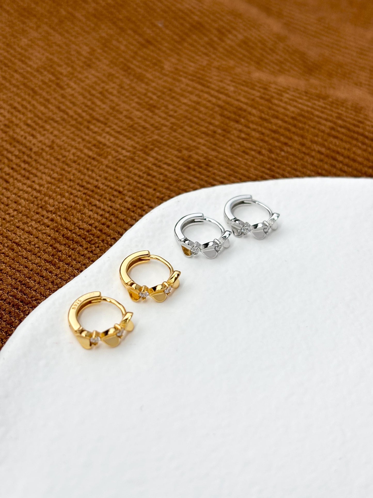 Dainty Peach Heart Huggie, Golden Love Sweet Heart Shape Hoop Earrings, Elegant Silver Cute Jewelry, Gold Plated Sterling Silver Jewellery