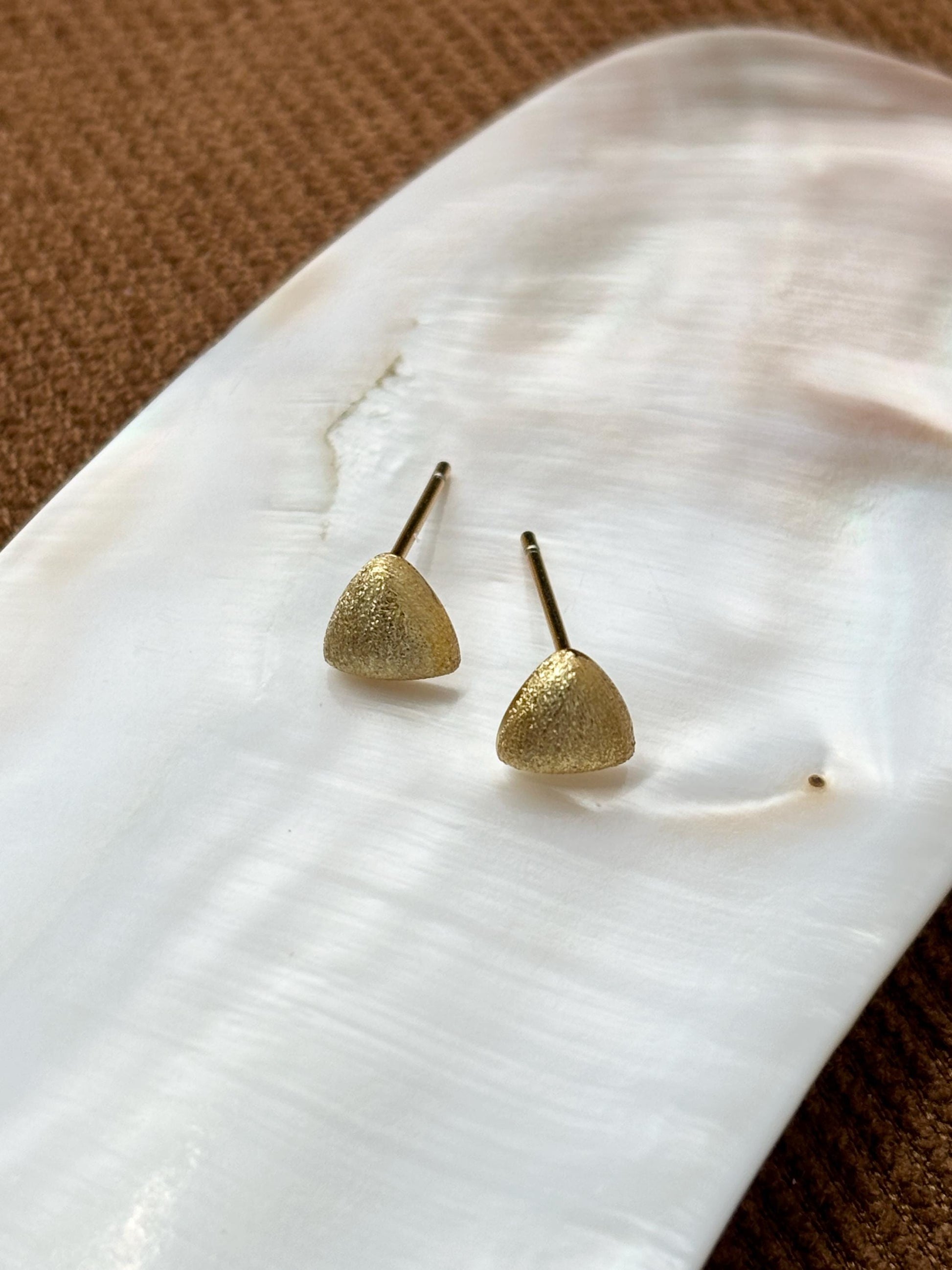 Dainty Matte Gold Triangle Stud Earrings, Golden Frosted Shiny Geometric Studs, 14K Gold Plated 925 Sterling Silver Jewellery, Daily Jewelry