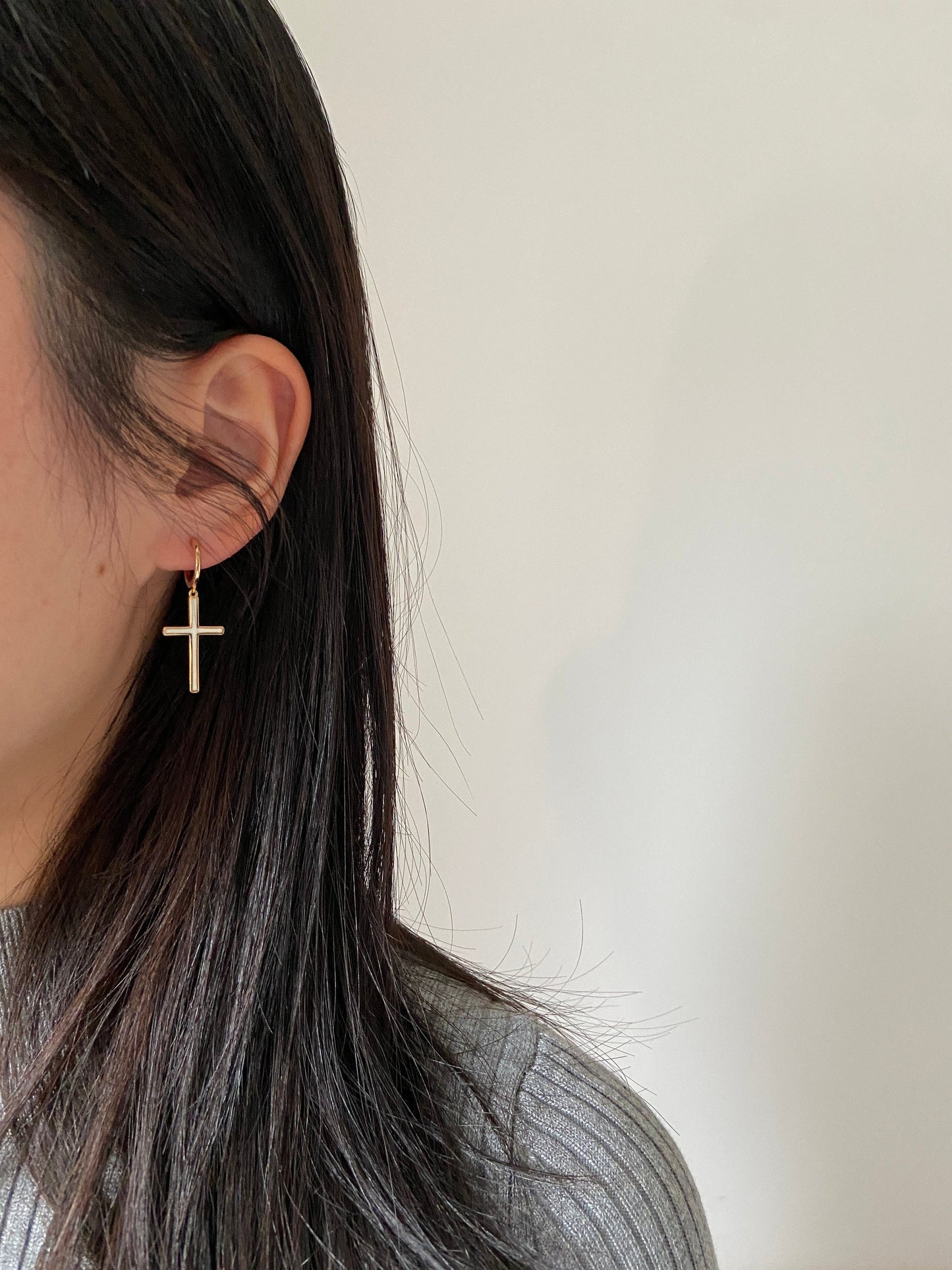18K Gold Plated 925 Sterling Silver Christian Black White Enamel Cross Hoop Drop Dangle Earrings Thick Plating