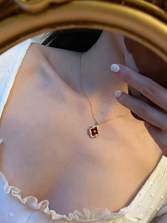18K Gold Plated 925 Sterling Silver Necklace Carved Red Agate Pendant Necklace
