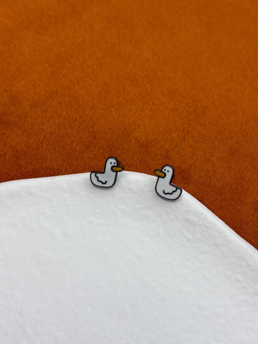 Mini Cute Duck Stud Earrings, Lovely Small Little Duck Studs, Cartoon Animated Duckling Jewellery, Gold Plated 925 Silver Animal Jewelry
