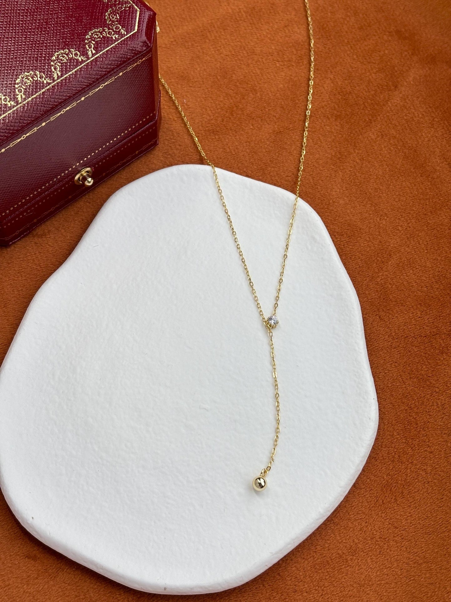 Dainty Chain Y Shaped Lariat Necklace, Gold Plated Sterling Silver Zircon Clavicle Necklace Jewelry, Elegant Bead Pendant Necklace Jewellery