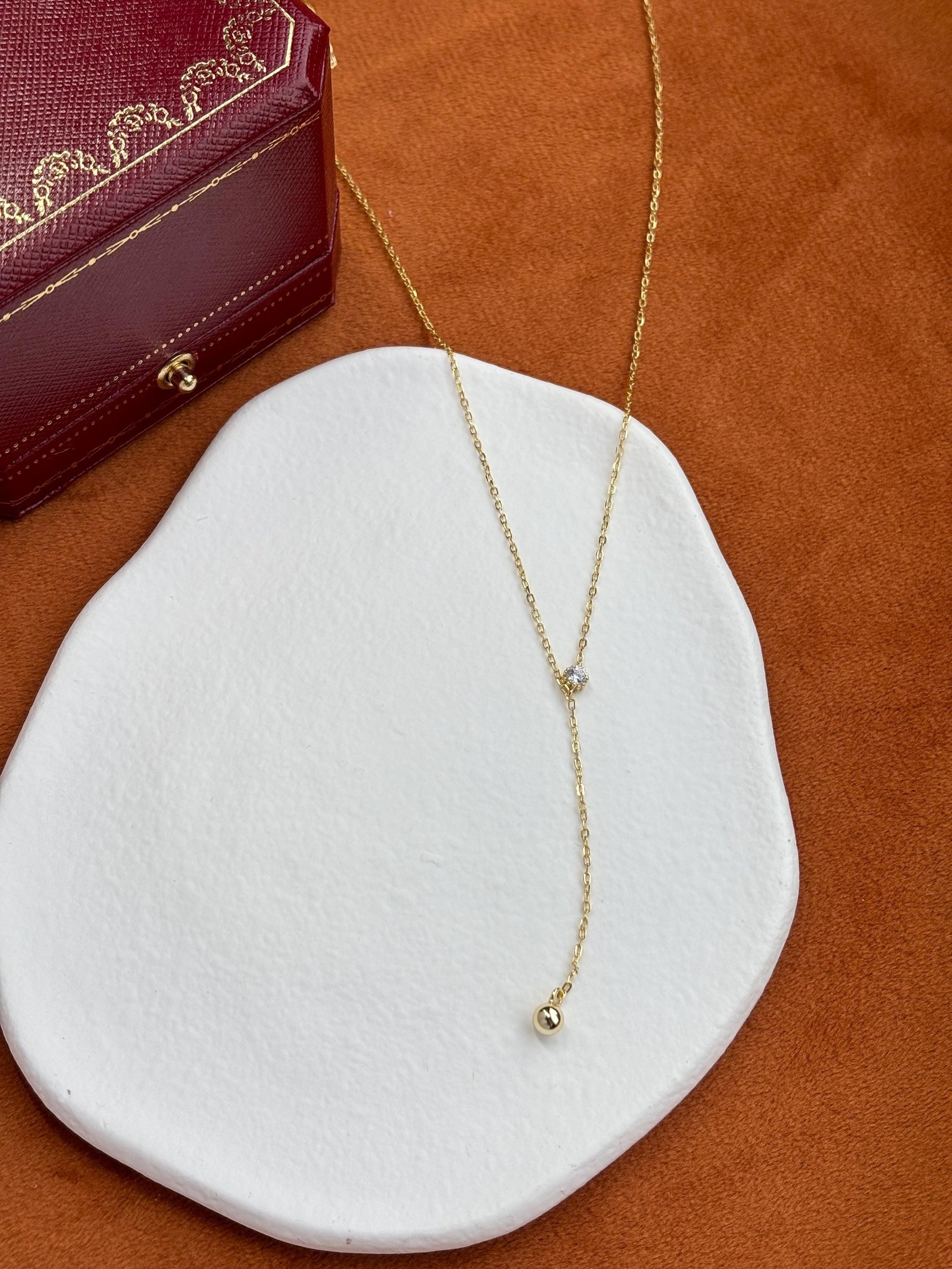 Dainty Chain Y Shaped Lariat Necklace, Gold Plated Sterling Silver Zircon Clavicle Necklace Jewelry, Elegant Bead Pendant Necklace Jewellery