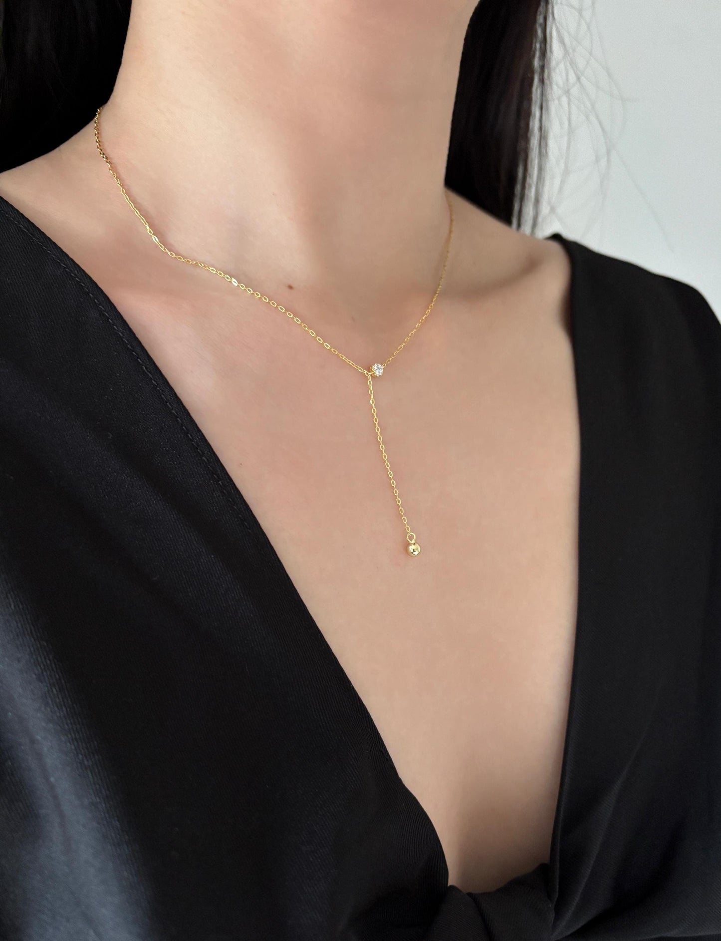 Dainty Chain Y Shaped Lariat Necklace, Gold Plated Sterling Silver Zircon Clavicle Necklace Jewelry, Elegant Bead Pendant Necklace Jewellery