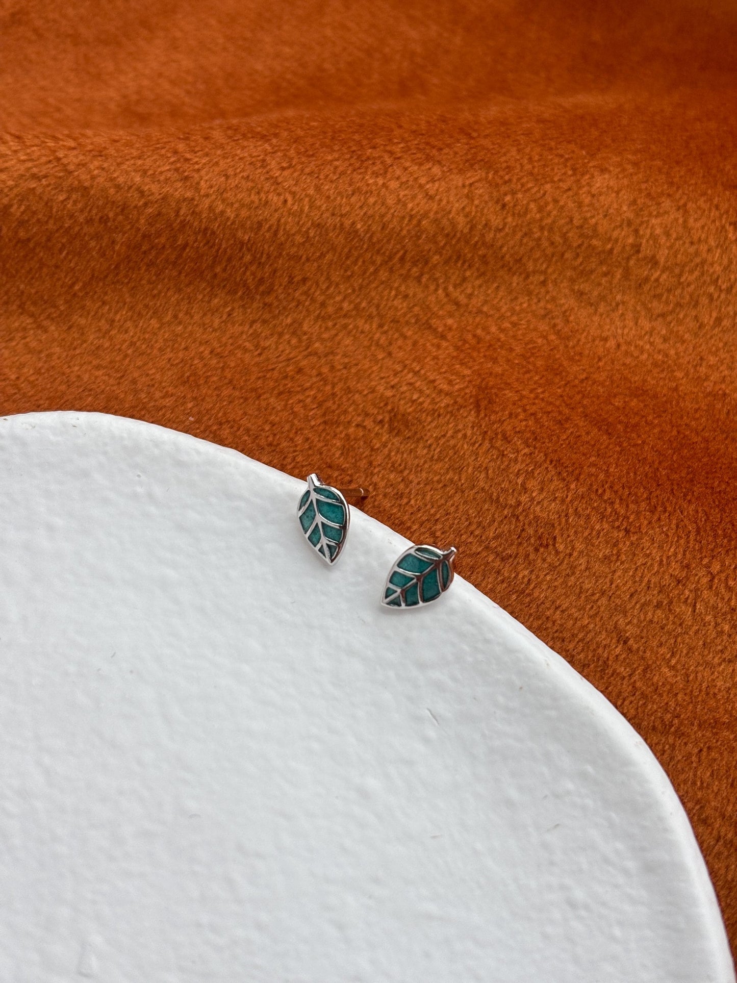 Enamel Green Leaf Solid Sterling Silver Stud Earrings, Mini Cute Golden Plant Earrings, Glaze Jewelry, Dainty 14K Gold Plated Studs