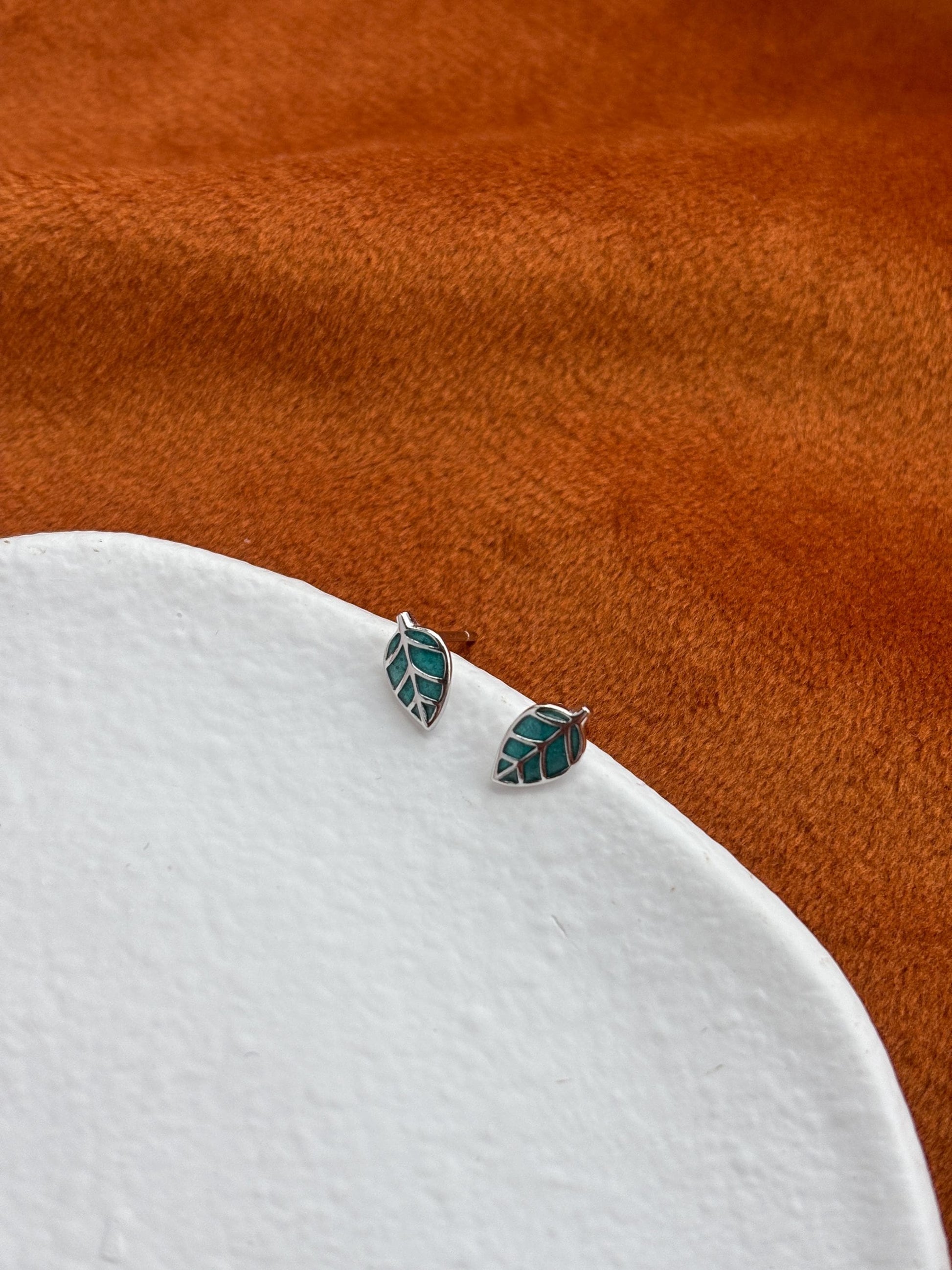 Enamel Green Leaf Solid Sterling Silver Stud Earrings, Mini Cute Golden Plant Earrings, Glaze Jewelry, Dainty 14K Gold Plated Studs