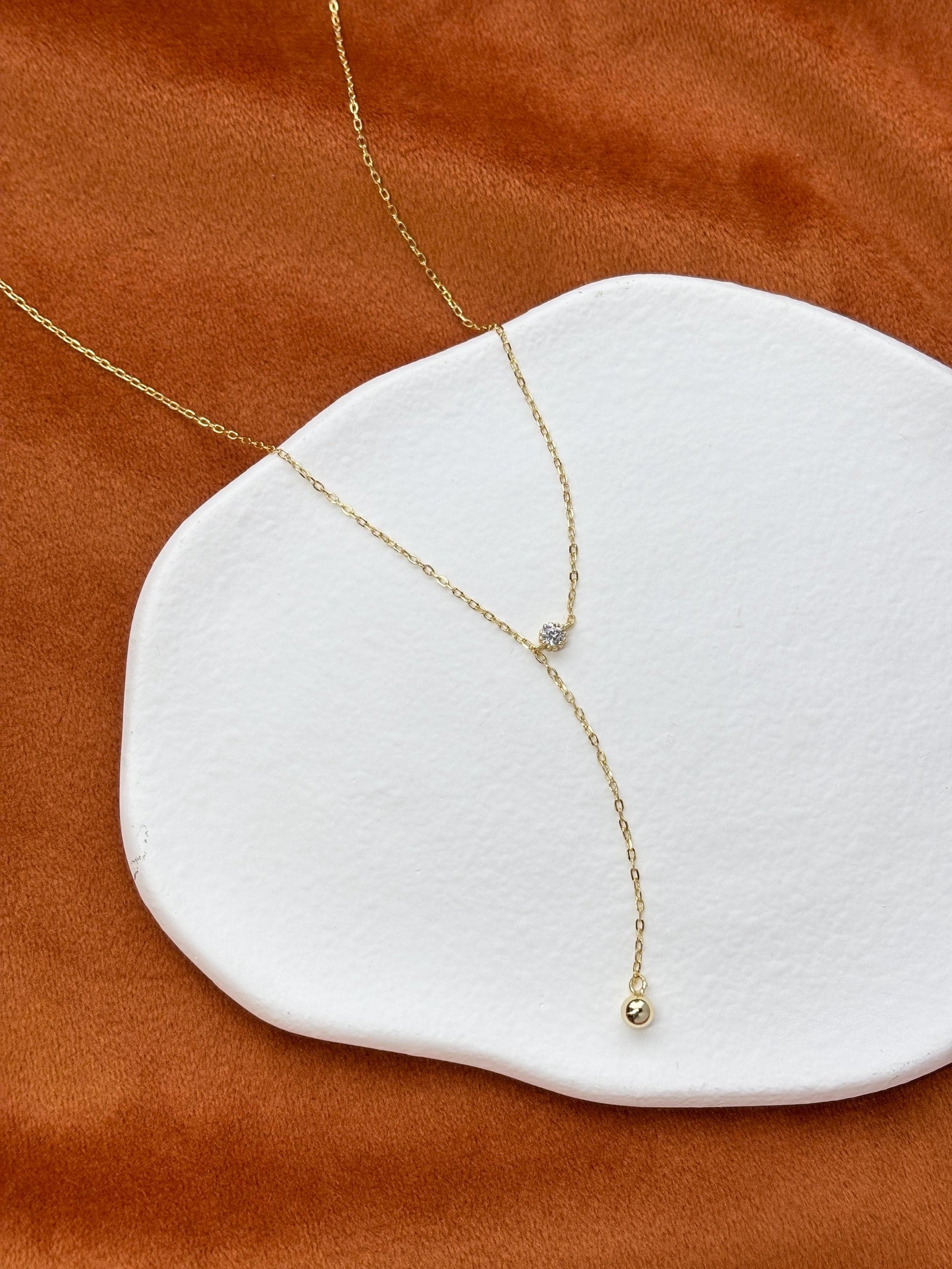 Dainty Chain Y Shaped Lariat Necklace, Gold Plated Sterling Silver Zircon Clavicle Necklace Jewelry, Elegant Bead Pendant Necklace Jewellery